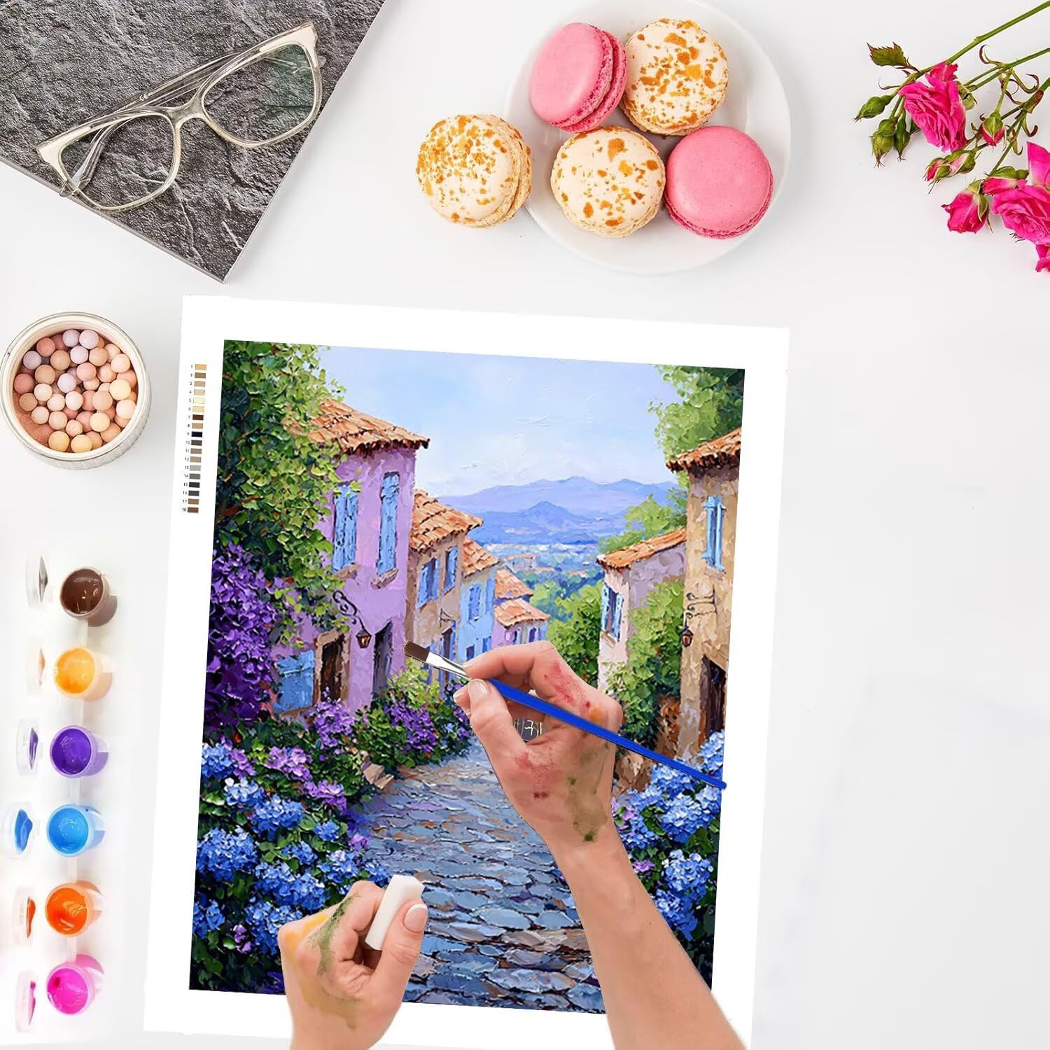 Malen nach Zahlen Erwachsene Straßenansicht mit Hortensie, 70x90cm x-498 | Malen nach Zahlen Erwachsene Leinwand Kit, DIY Handgemalt Ölgemälde Set mit 3-Pinseln und Acrylfarbe für Wanddeko,Ohne Rahmen