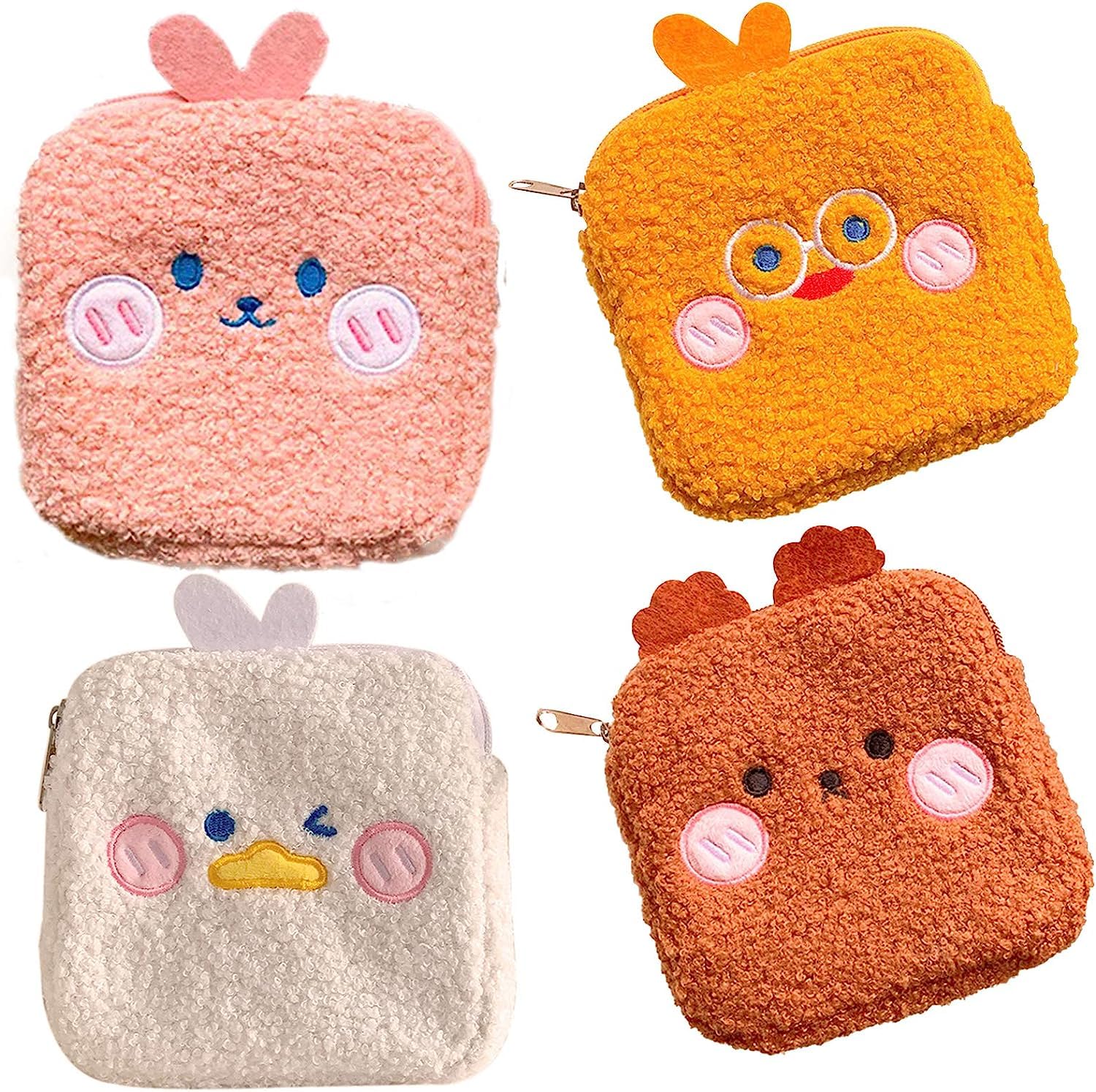 4Pcs Sanitary Napkin Storage Bag, Cute Menstrual Cup Pouch, Cartoon Nursing Pad Holder, Portable Period Bag with Zipper, Menstrual Pad Bag for Women, Tampons, Makeup, Coin(6x6 in)