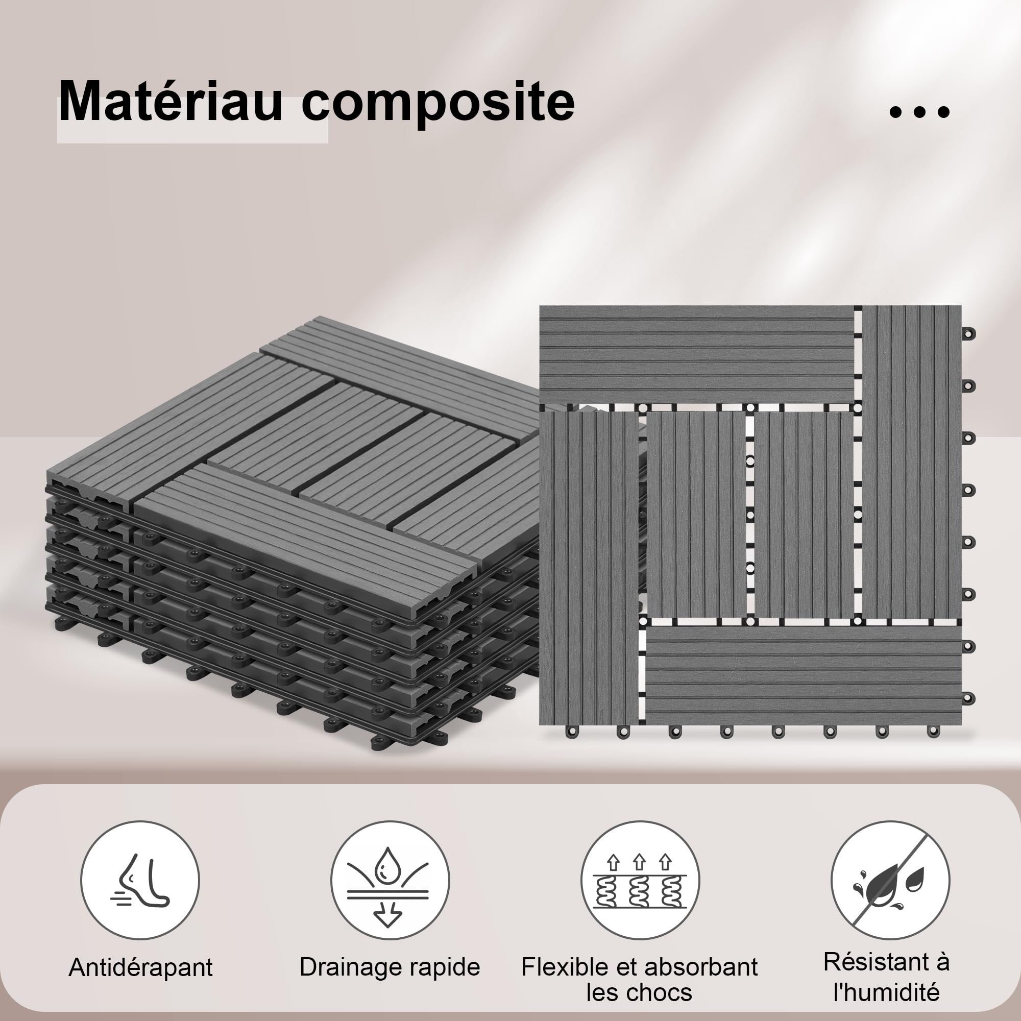 Laneetal Lot de 11 Carreaux de Terrasse à Lattes en WPC, Carreaux Extérieur pour Jardin, Dalle de Terrasse Clipsable en Composite à Emboîtement, Patio, Balcon, 30x30cm, Effet Bois, Gris clair