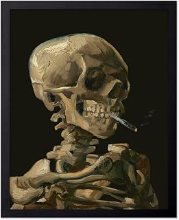 Monem Art Vintage Van Gogh Poster - Retro Skull of a Skeleton with Burning Cigarette Print - Impressionism Art - Fine Art - Classic Painting Art - Gothic Office Decor - 8x10 Black Framed