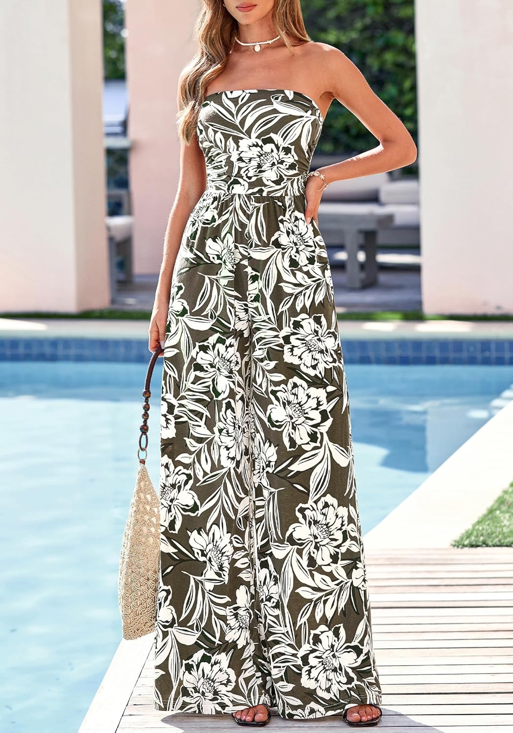 BTFBM Jumpsuits For Women Casual 2026 Floral Strapless Jumpsuit Wide Leg Rompers Beach Vacation Clothes Summer Outfits