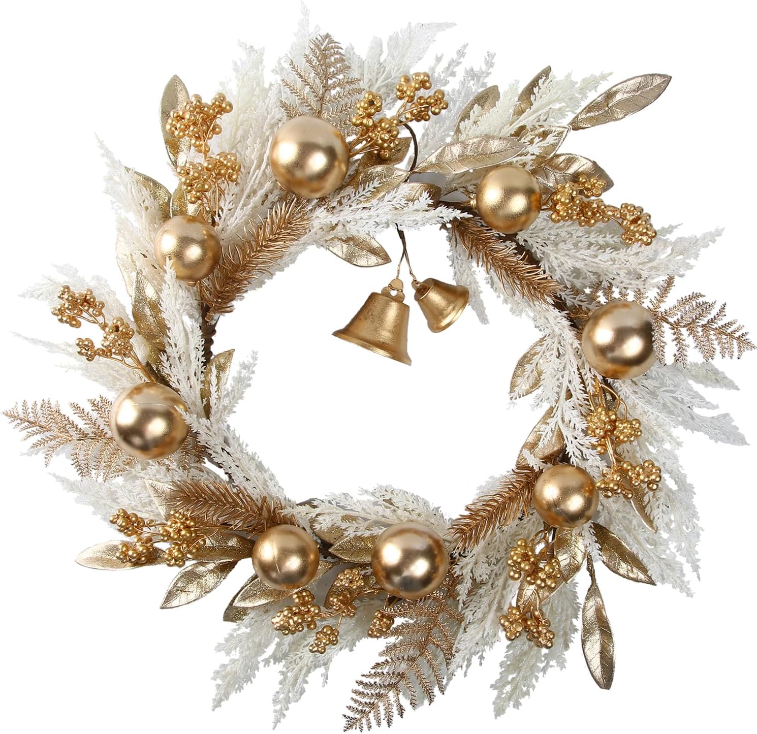 20" Gold Christmas Wreaths for Front Door, Gold Berry Leaves Bells Balls Xmas Wreath with White Fake Pampas Grass, Door Reef for Windows Fireplaces Walls, Front Porch Indoor and Outdoor