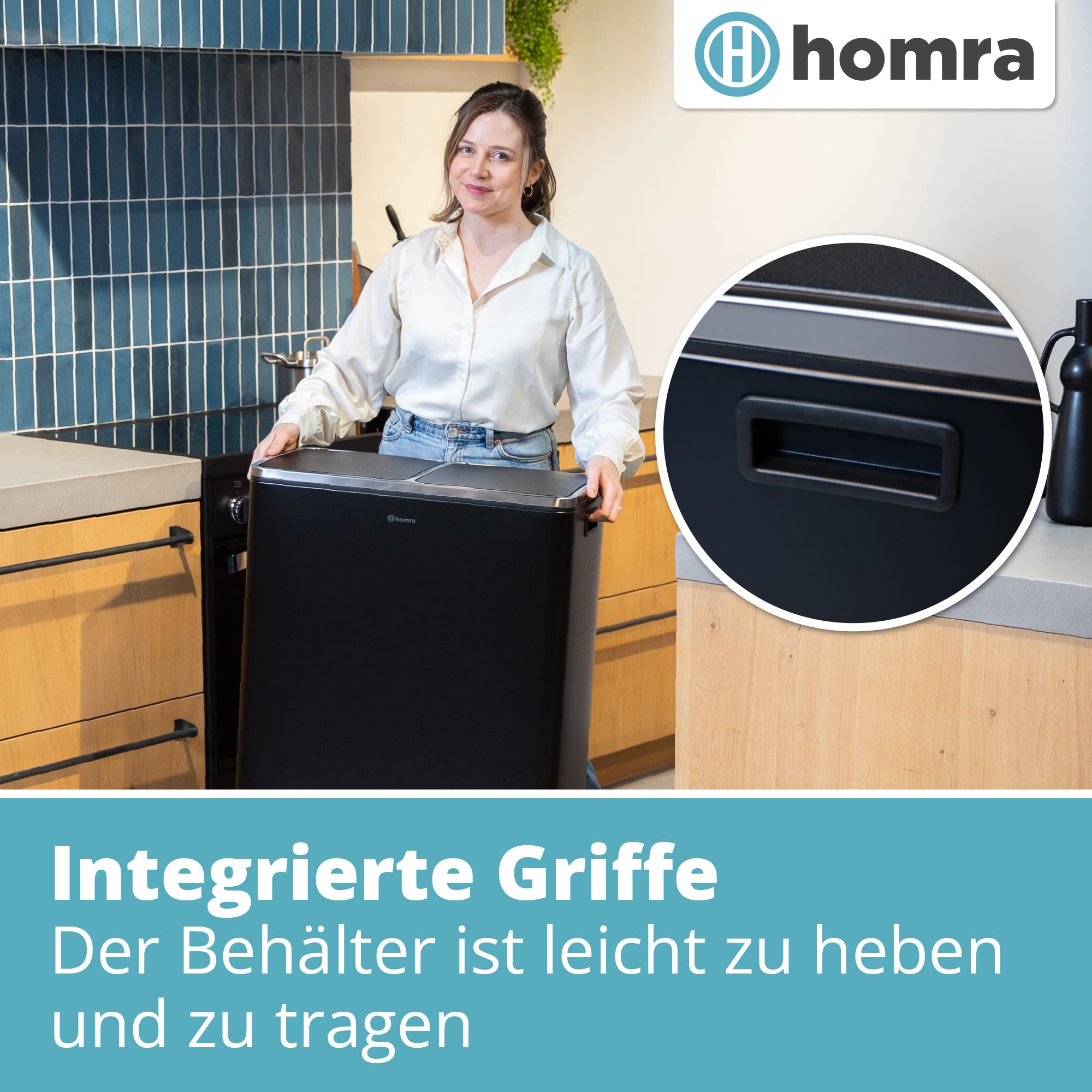 Homra Mülleimer 60l Quickx | Tretmülleimer Küche 2x30 Liter | Treteimer aus Edelstahl | Abfalleimer mit Inneneimern | Trennsystem 2 Fach | Mülltrennsystem | Papierkorb | Softclose | Schwarz