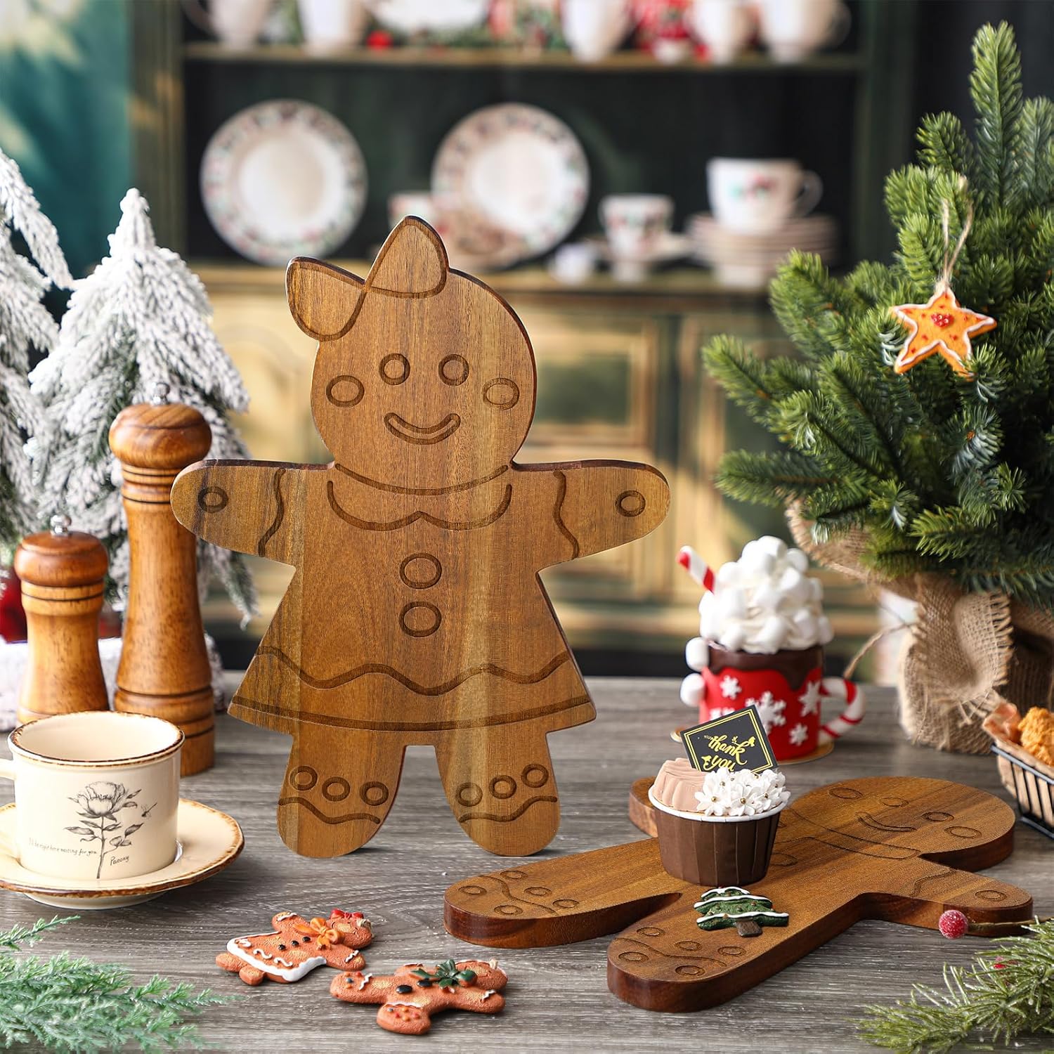 Uiifan 2 Pcs Christmas Cutting Board Gingerbread Man Charcuterie Board Acacia Wood Gingerbread Man Serving Tray Chopping Platter Butcher Block for Kitchen Cheese Bread Salad Gifts