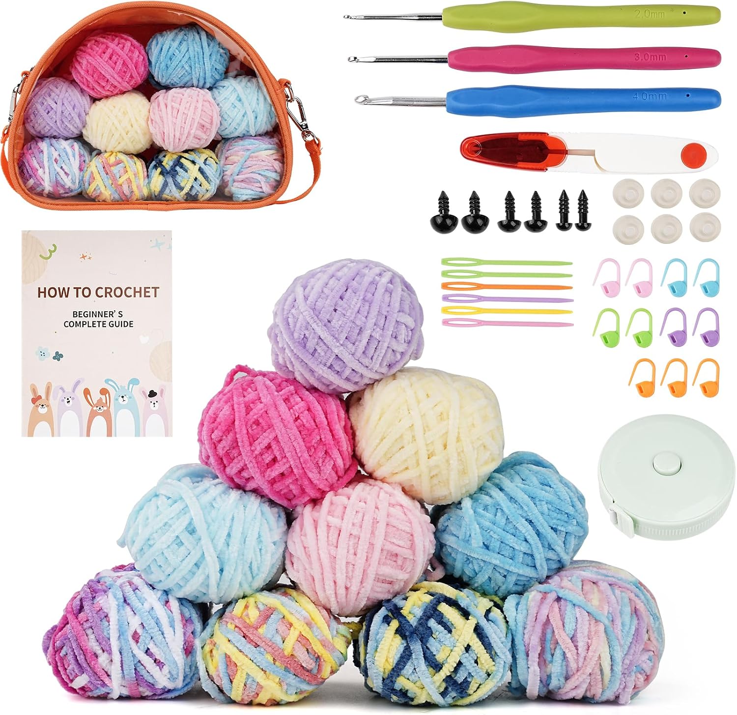 Vanttokeey 36Pcs Crochet Kit for Beginners, Crochet Kit with 10 Colors Chenille Yarn Set, Crochet Hooks, Stitch Markers, Storage Bag and Guide Etc, Gift for Starter Professionals (Segment Staining)