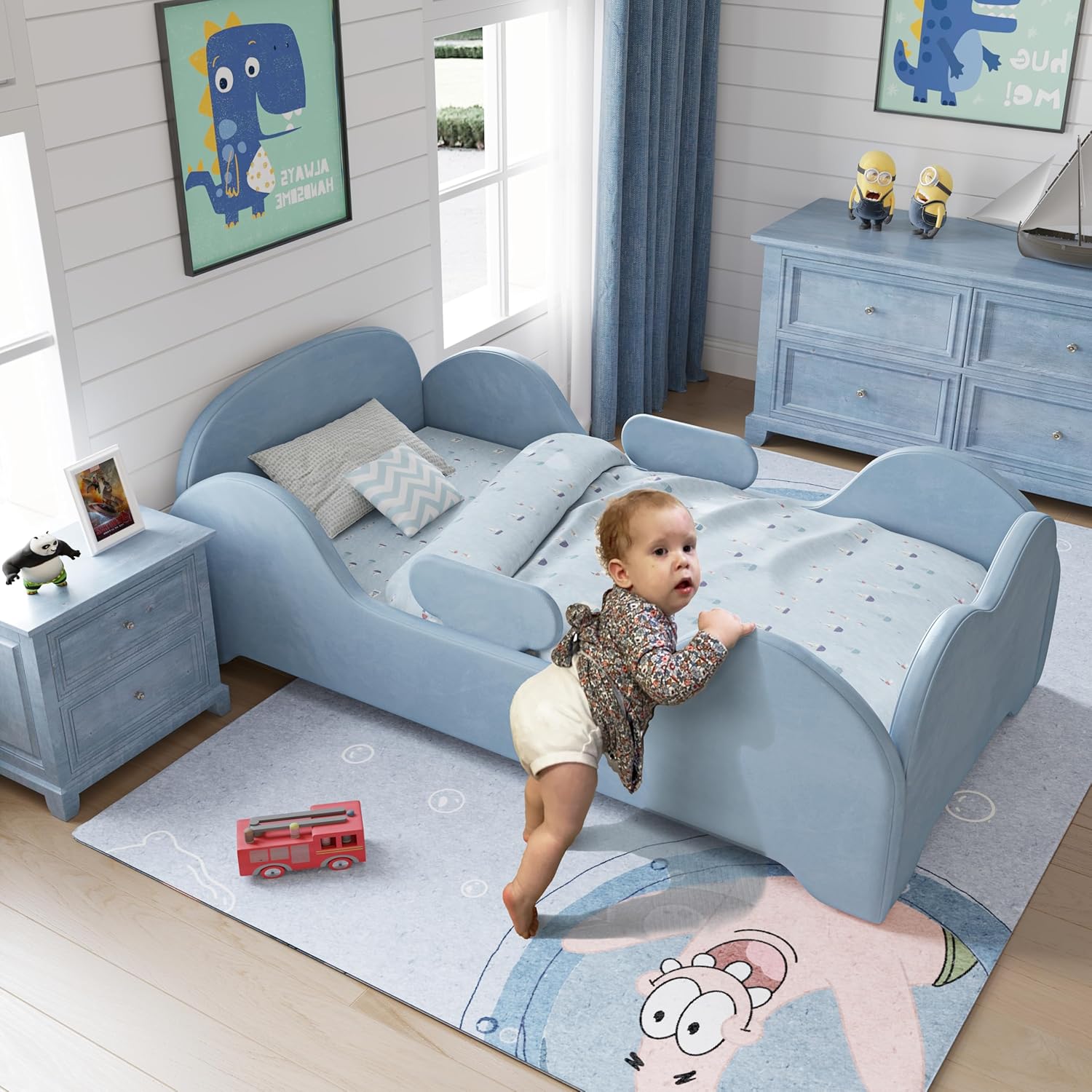 Toddler Bed, Toddler Flood Bed with Extra Safety Broad, Standard Crib Size for Kids, Certified Fabric Beds, Low to Floor Design (Blue)