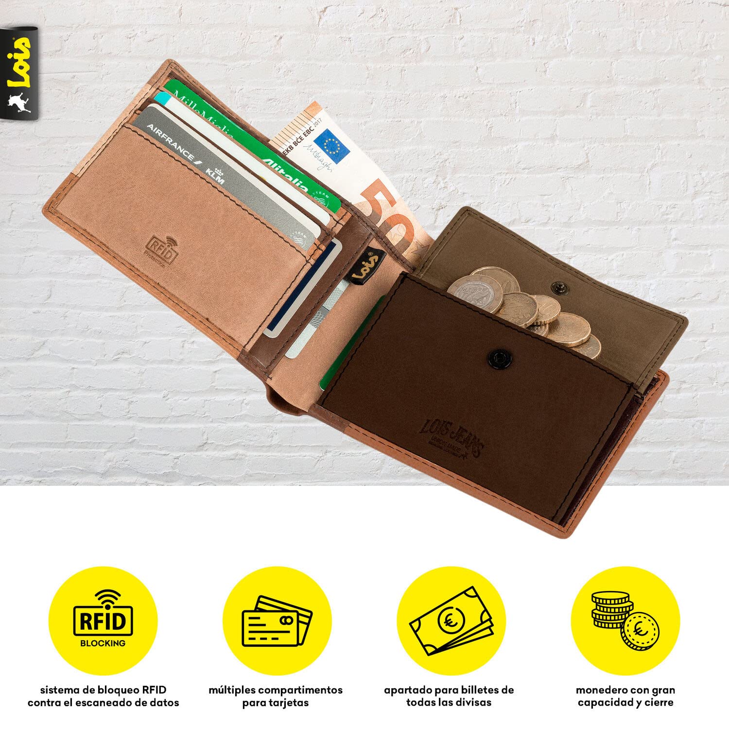 Lois Portafoglio Uomo In Vera Pelle Con Protezione RFID - Modello Slim Con Portamonete E Scomparti Carte (Marrone)