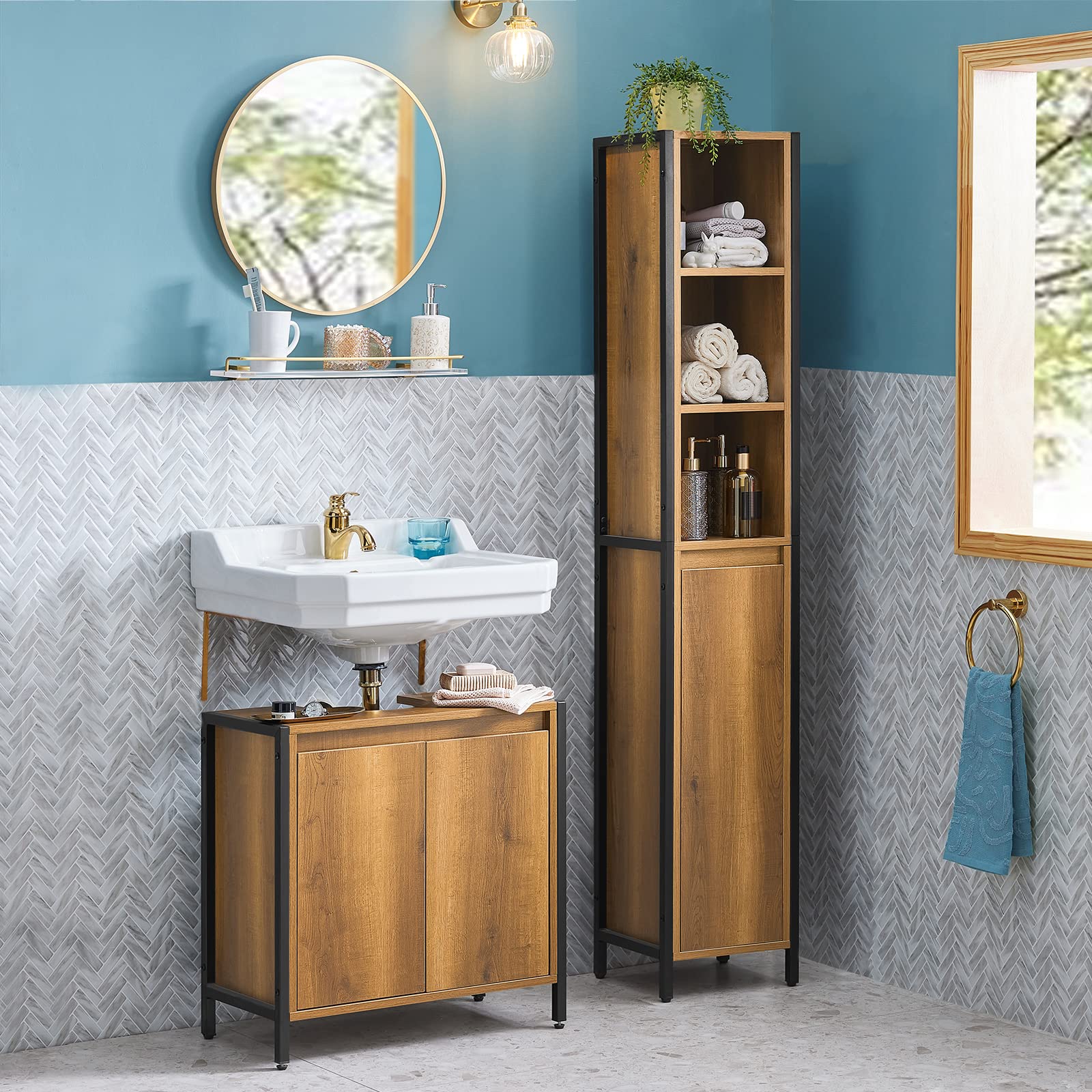 SoBuy Waschbeckenunterschrank Schrank Badmöbel Badezimmer Unterschrank Holz mit 2 Türen und Regal, waschtischunterschrank schmal stehend Badunterschrank für kleine Bäder WC 60x60x30 cm BZR63-PF