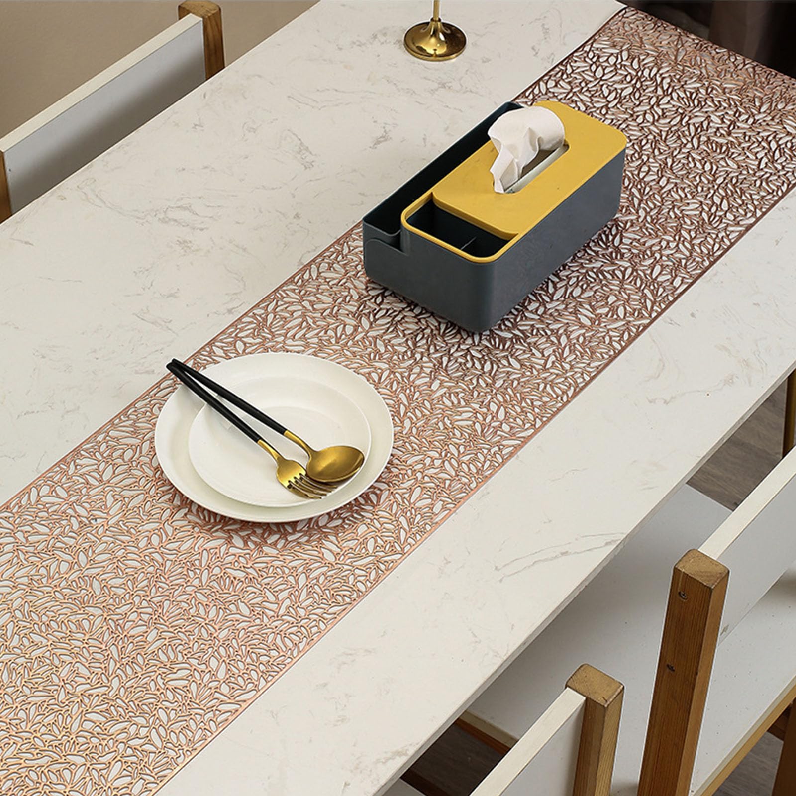 Hosoncovy Hollow Table Runner Non-slip Decorative PVC Table Mats Placemat Heat Resistant Mats for Home Party Kitchen Dining Wedding Decor (150CM X 30CM) (Rose Gold) - Image 3