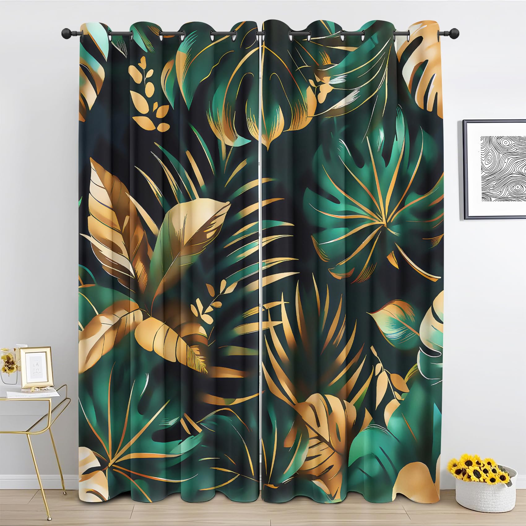 DlaQoryx Gold Monstera Palm Leaf Eyelet Curtains Tropical Leaf Blackout Curtain for Living Room, Bedroom Home Decor Window Drapes, 52x63 Inch Thermal Curtain 2 Panels