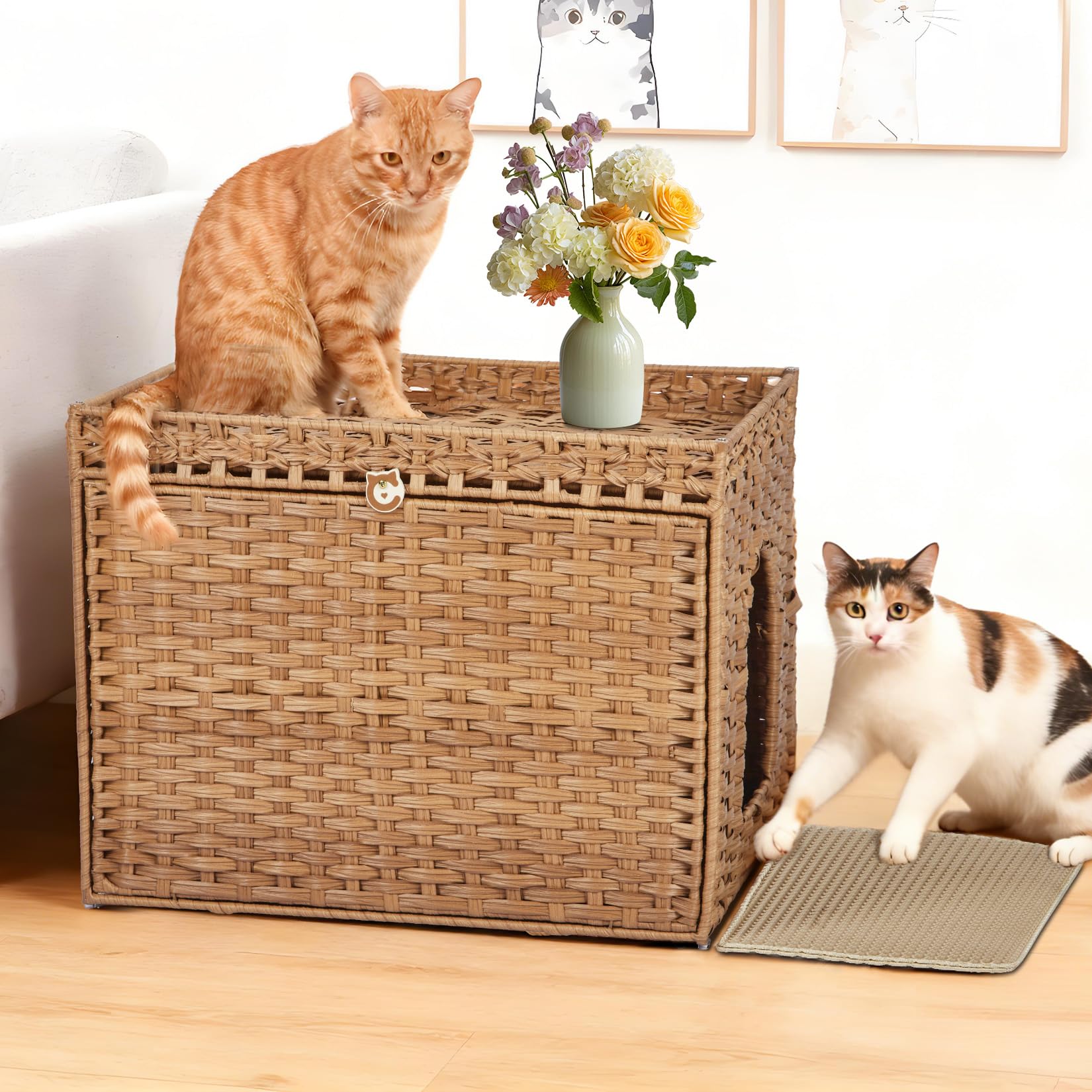Garvee Caja de arena para gatos, caja de arena oculta de ratán tejida a mano para gatos en interiores y exteriores, caja de arena grande, gabinete de casa para gatos con alfombrilla para sala de estar