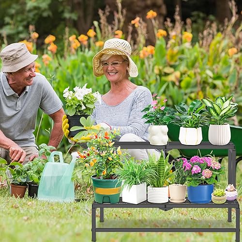 Miniatura 7 de Soporte para plantas de 2 niveles para interiores y exteriores, estante alto de metal resistente para múltiples macetas de flores, estante de