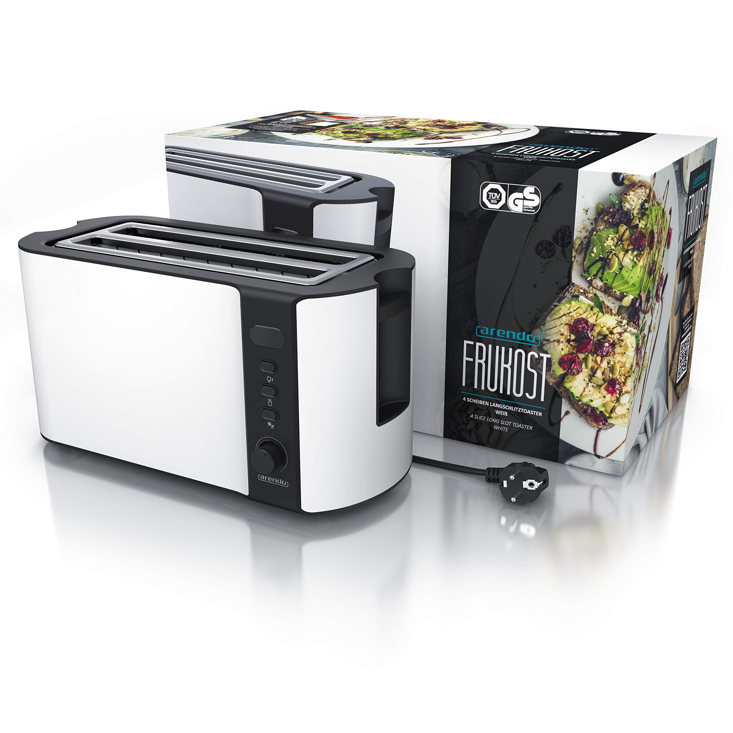 Arendo - Tostadora 4 rebanadas con ranuras largas - 1500 W - 6 niveles - Pantalla indicadora - Descongelación y calentamiento - Soporte panecillos - Bandeja de migas - Doble pared - Acero inoxidable