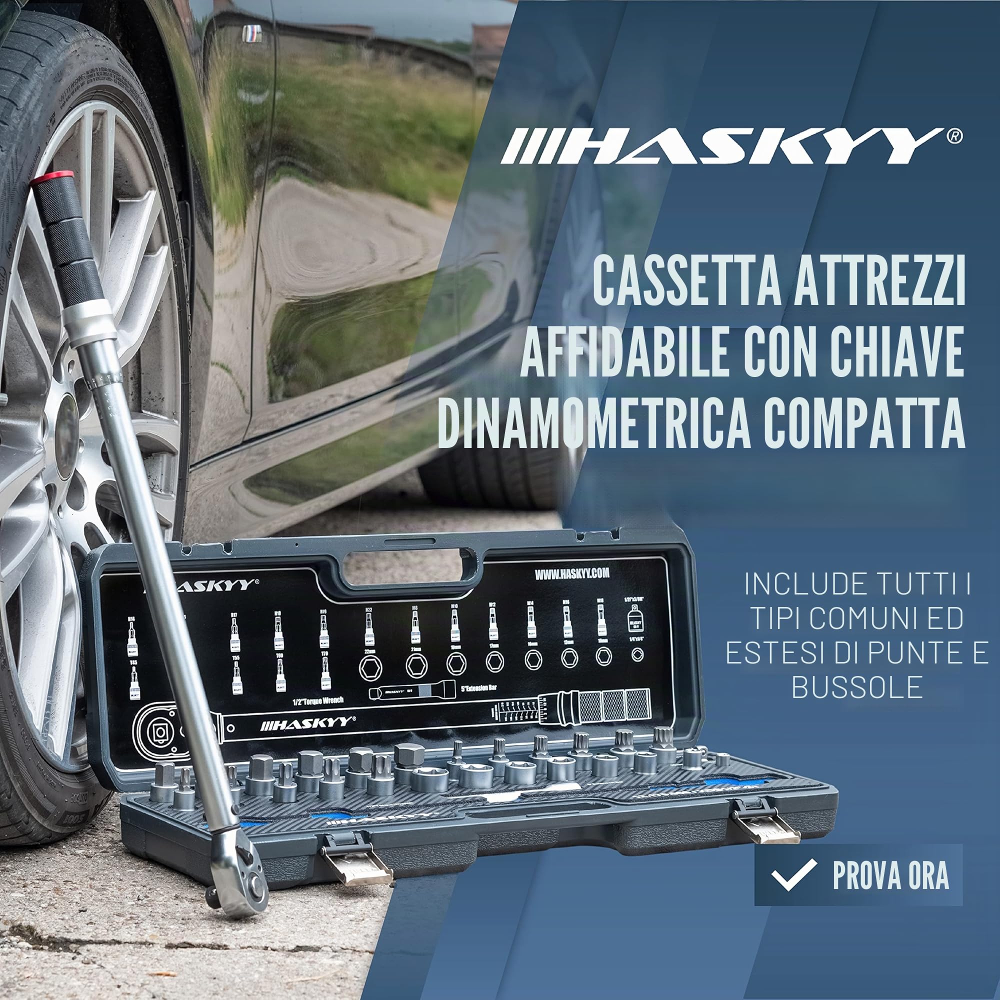 HASKYY Set di chiavi dinamometriche 1/2" 50-350 Nm per auto con molto accessori come prolunga, punte, inserti per dadi, adattatori