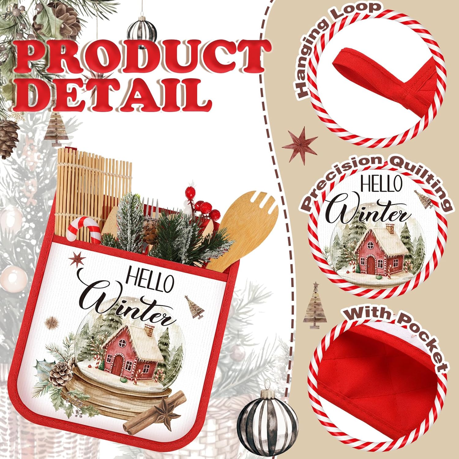 Roshtia 12 Pcs Christmas Pot Holders with Pocket Neutral Xmas Farmhouse Pot Holders for Kitchen Winter Hot Pads Oven Mitts Cookie Bag Cute Heat Resistant Oven Gloves for Kitchen Gift Baking Cooking - Image 4