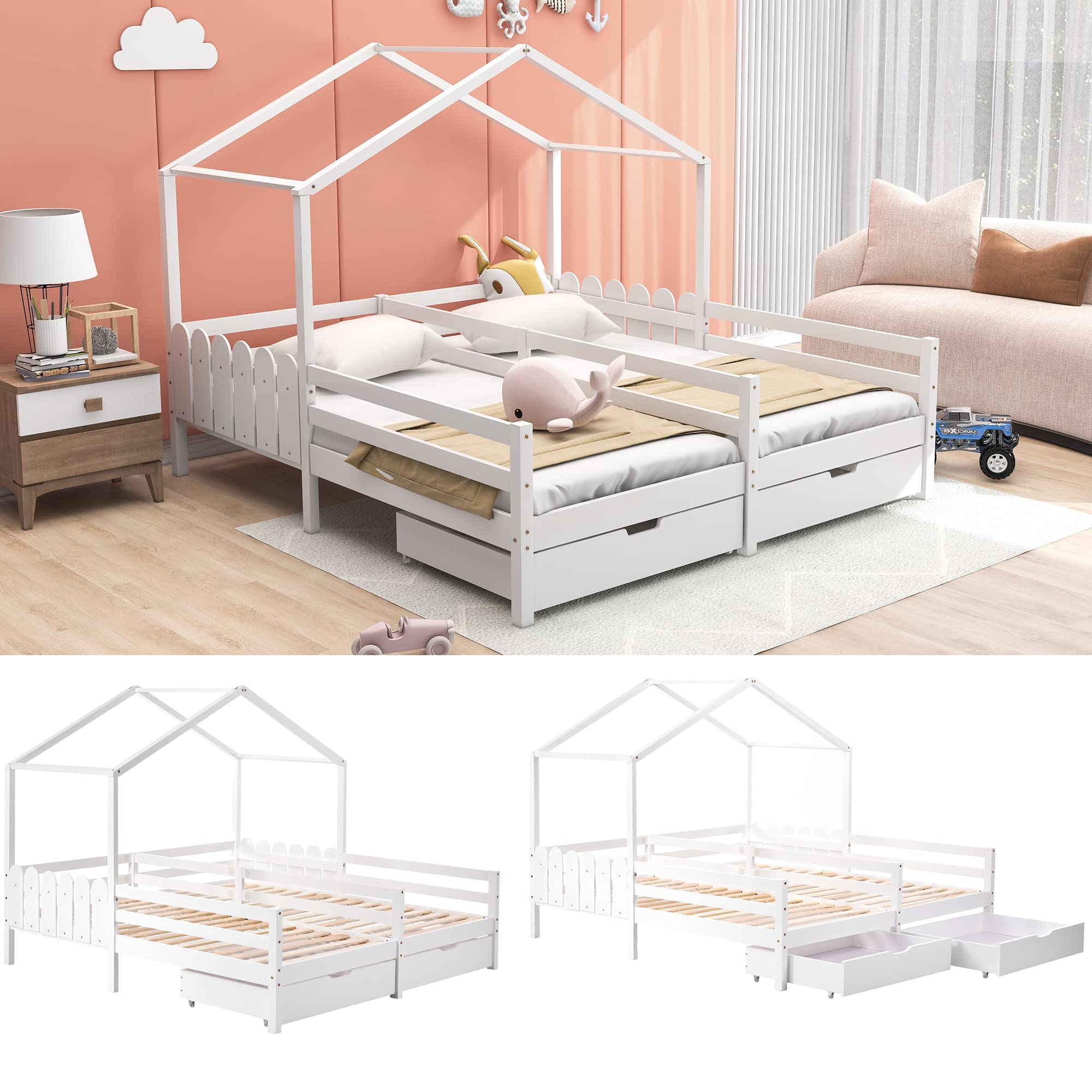 Cama doble, cama infantil, 200 x 90 cm, cuna con 2 cajones de MDF, cajones con ruedas, somier de láminas de pino, color blanco