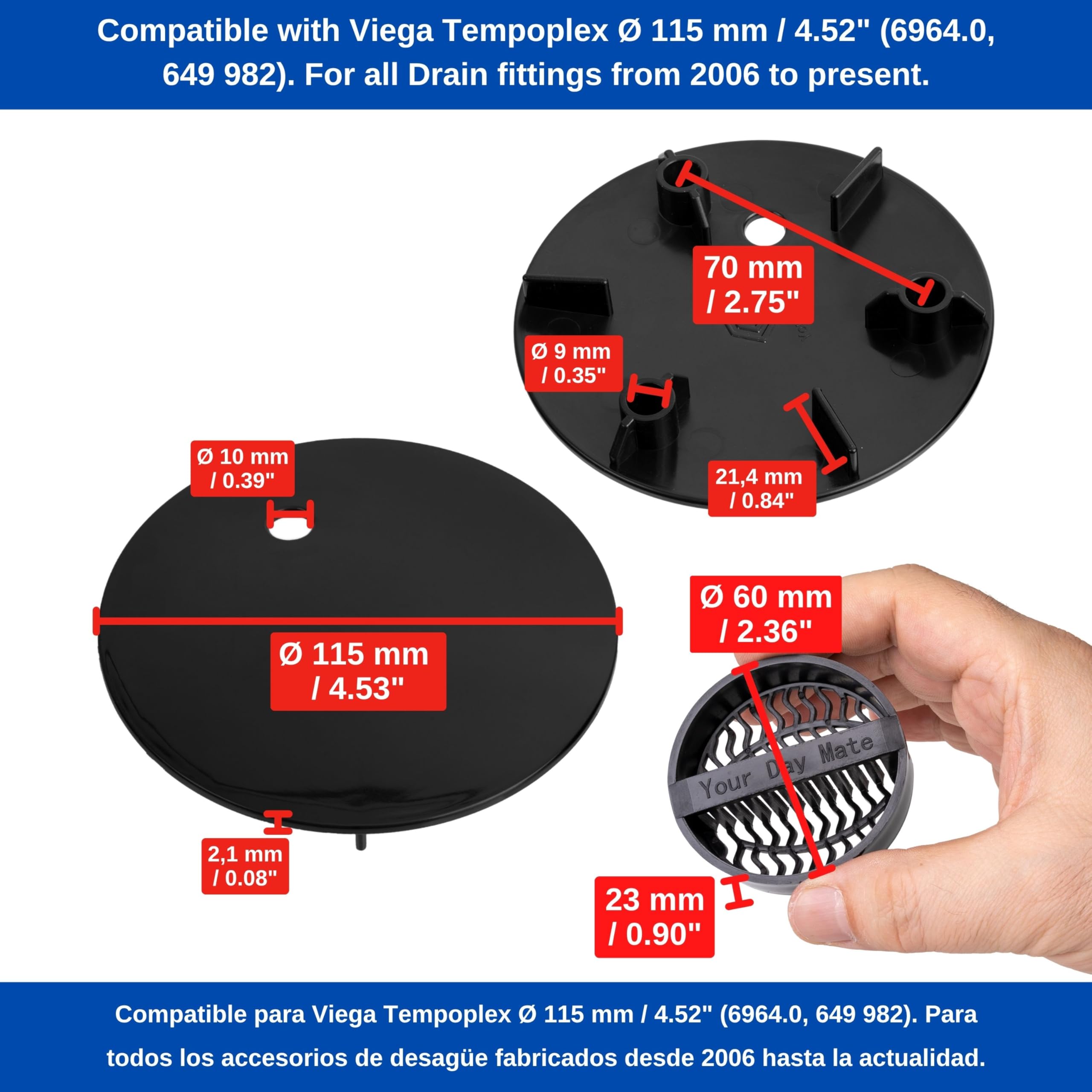 Afdekkap en haarzeef-set voor doucheafvoer, 112 mm, passend bij Viega Tempoplex-afvoerset vanaf modeljaar 2001-2006, voor douchebak met afvoergat, verchroomde ABS-afdekking, haarzeef Wit