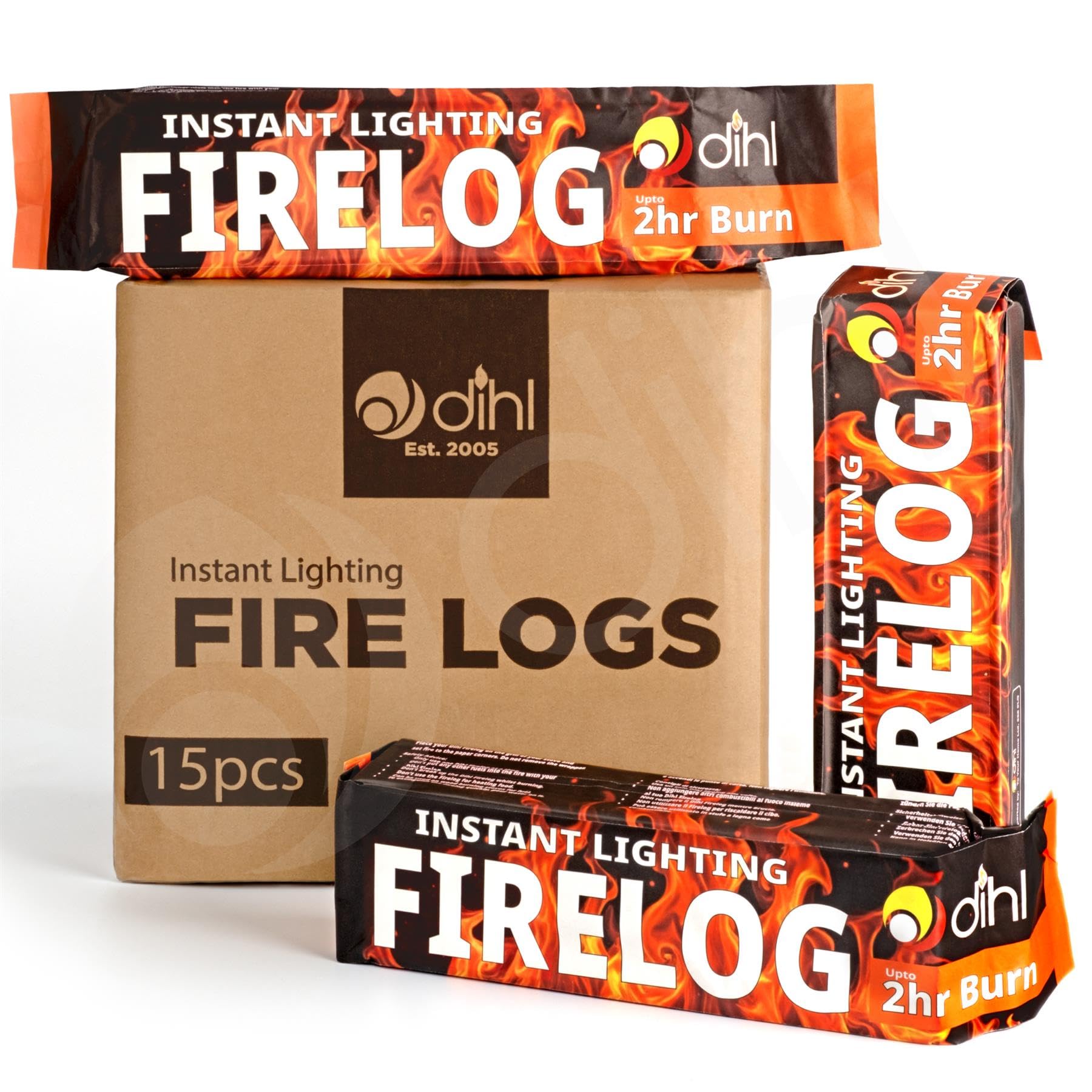 Dihl Natural 15 X Smokeless Instant Lighting Fire Logs. 15 Individually Wrapped Firelighters For Garden Chimineas, Open Fire, Wood Burning Stoves. Environmentally Friendly Firelogs
