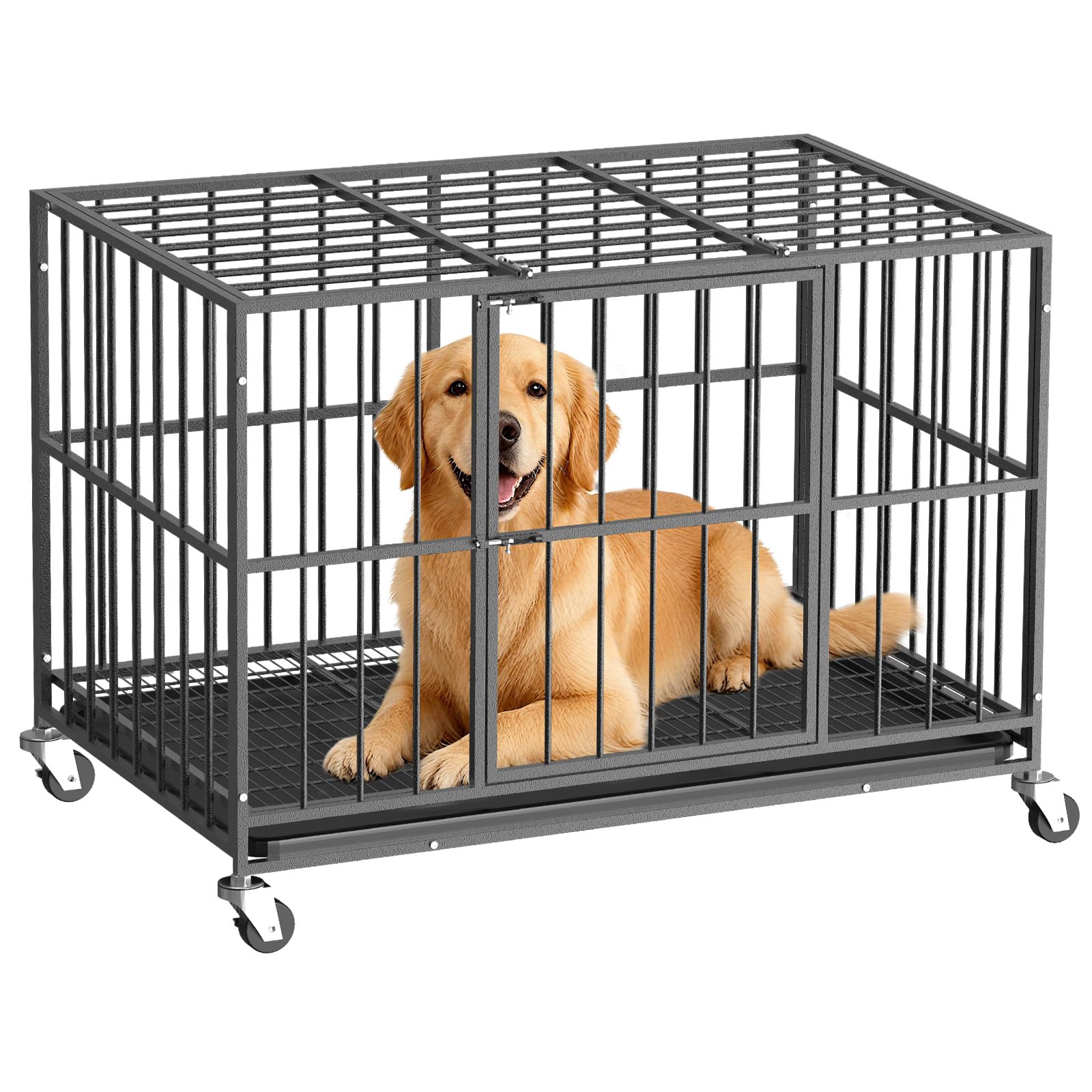 Heavy Duty Indestructible Dog Crate 48in with Removable Trays, Escape-Proof Double Door for High Anxiety Dog, Kennel with Lockable Wheels for Medium Large XL XXL Dogs