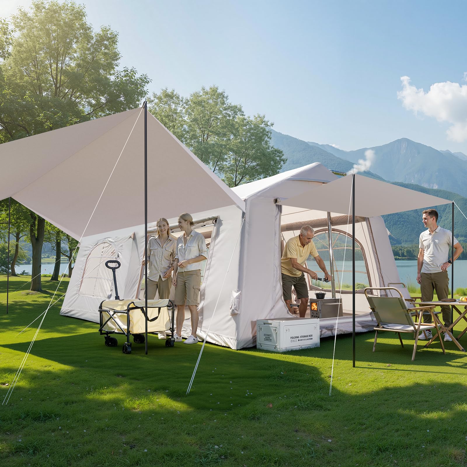 MOPHOTO Carpas inflables para camping, tienda inflable grande con bomba de mano, tienda familiar de fácil instalación, tienda de campaña para 4 estaciones, tiendas de campaña Oxford impermeables para