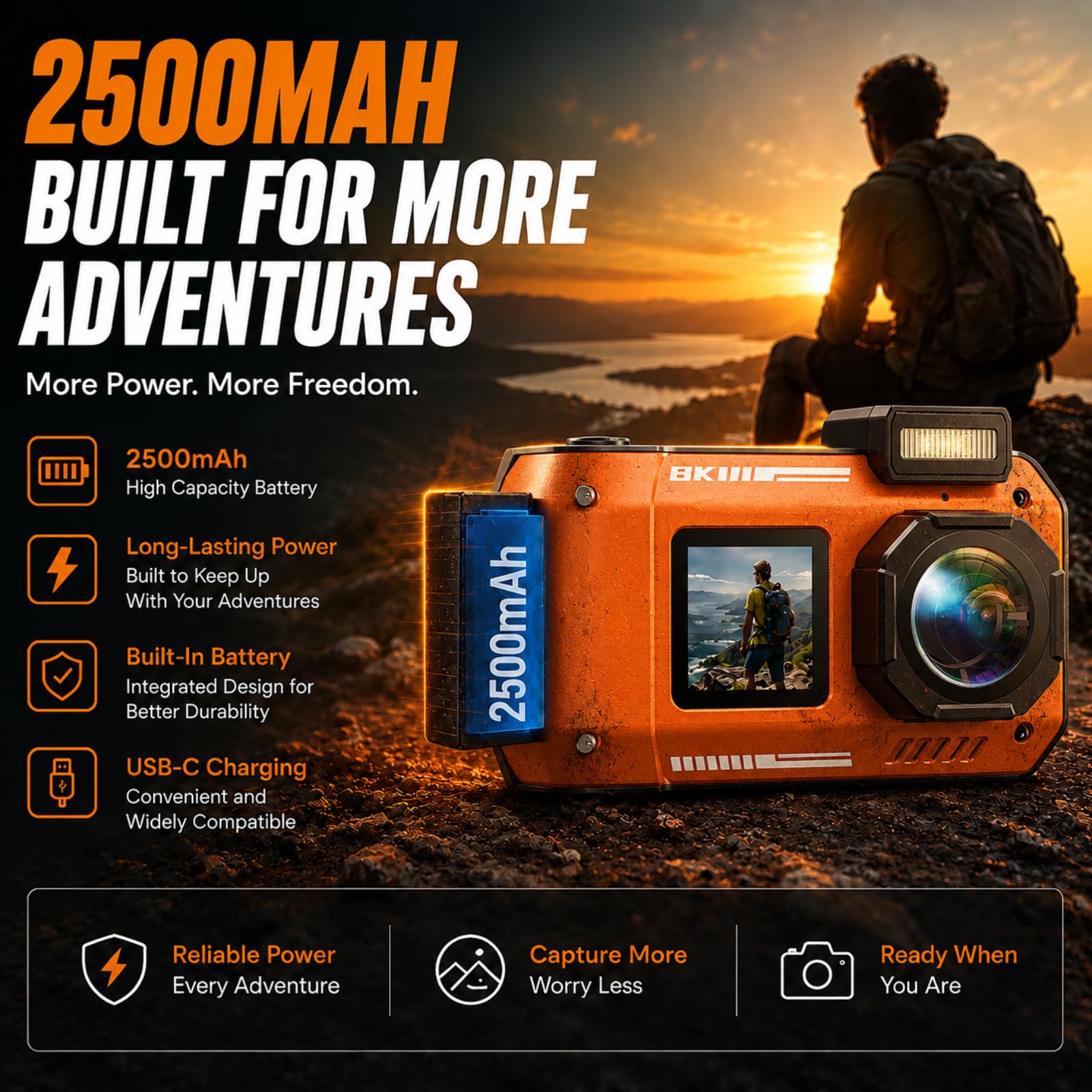 MaxMango D50 33FT Cámara Digital Impermeable, 8K 70MP Cámara Acuática con 16 GB, Cámara de Fotos con 2.88" Doble Pantalla 18x, Resistente al Polvo y a los Golpes, Autofocus - Naranja