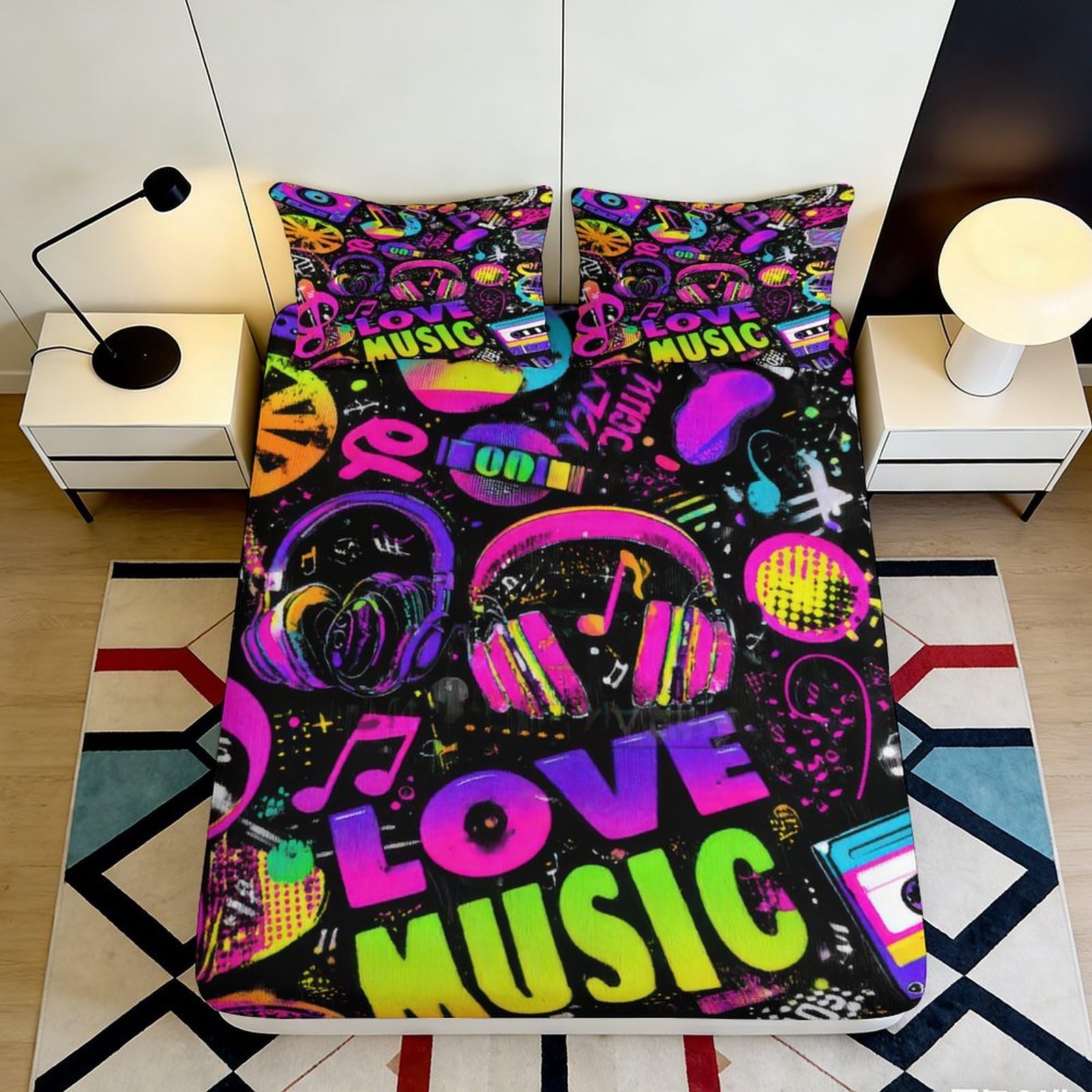 3D Printed Neon Music Headphones Fitted Sheet Microfiber Vibrant Graffiti Bed Cover for Bedroom Dorm Decor 90x200x25cm