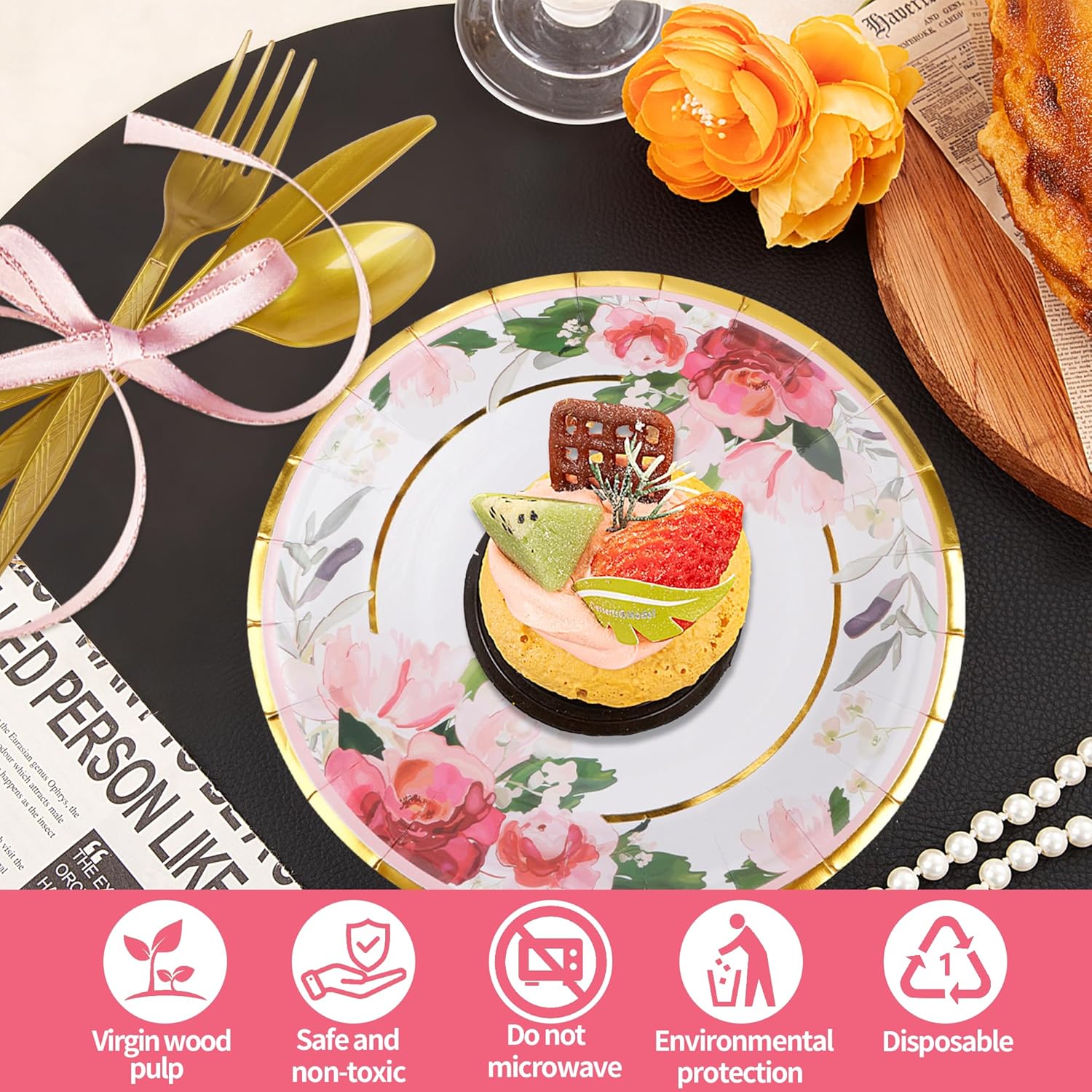 280pcs Floral Paper Plates Napkins Set for 35 Guests | Disposable Party Tableware with Cups Cutlery Straws | Bridal Shower Birthday Wedding Decorations