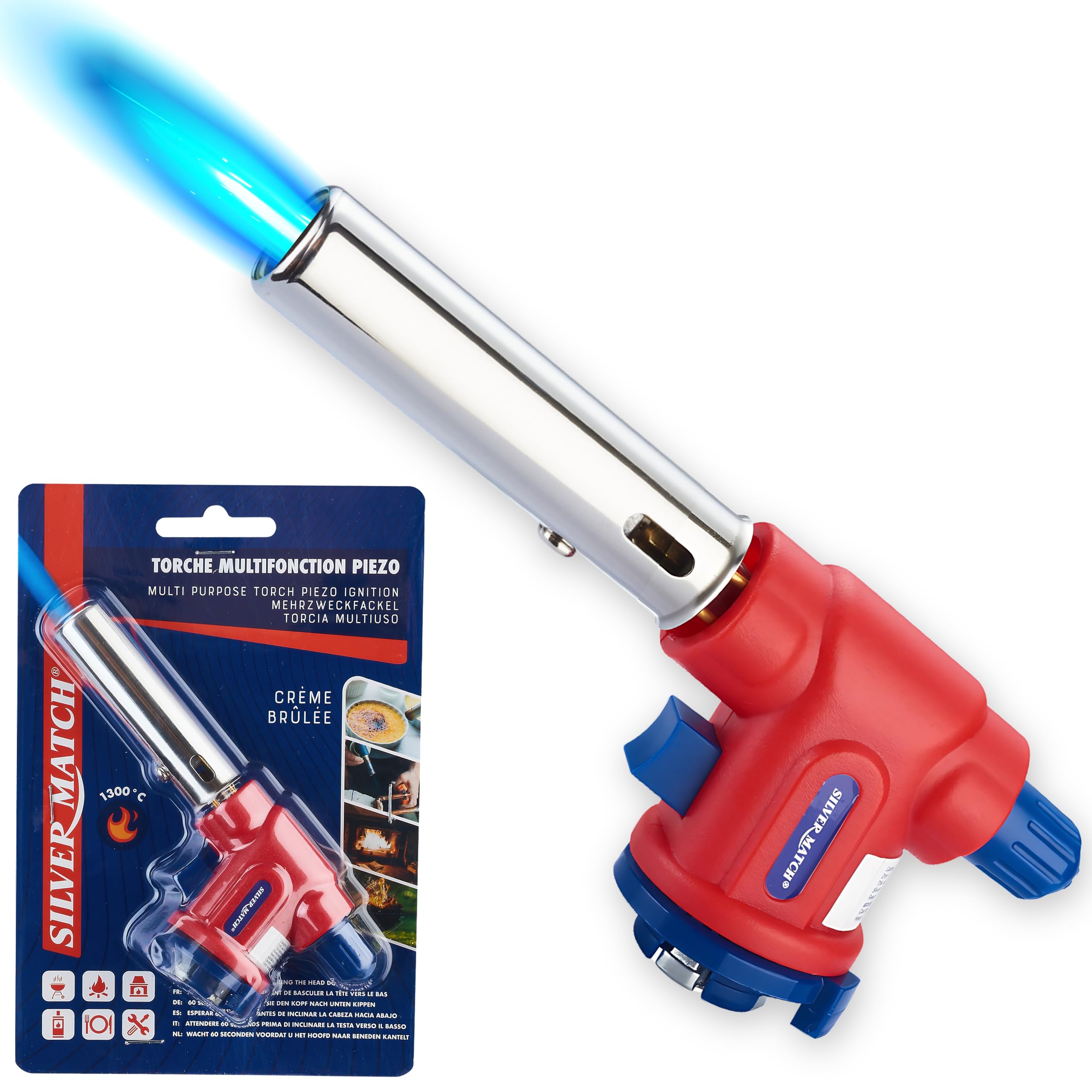 SILVER MATCH Torcia da cucina a gas 1300°, lampada a saldatura, torcia piezo multifunzione, accensione rapida e sicura per cartuccia di gas butano, ideale per brasatura, fiammata, crema bruciata,