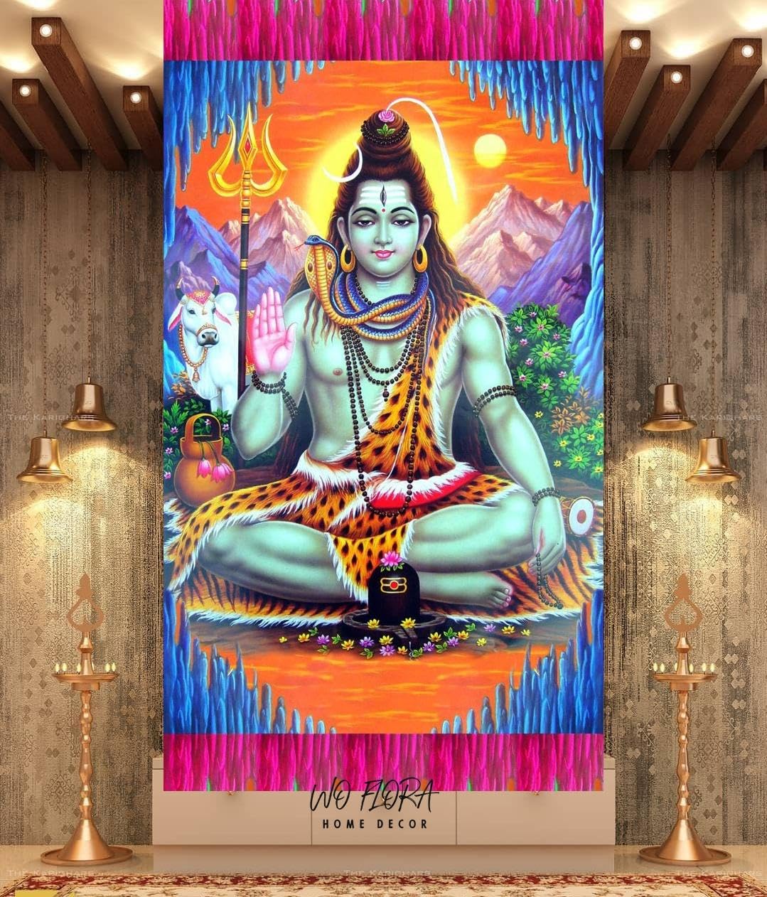WO FLORA 3D Print Lord Shivji Curtains for Poojaroom/Lord Shiva Pooja ghar mandir Parde Home Temple Curtain 4x7 Feet Door Curtain Pack of 1 Pc