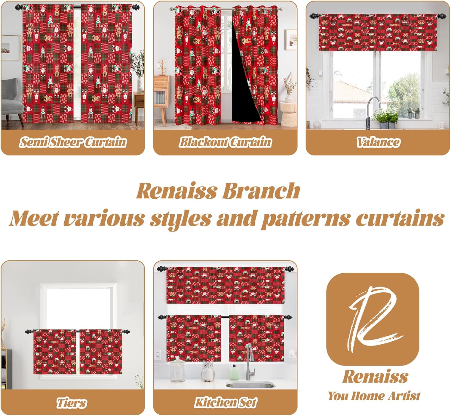 Renaiss 42 x 63 Inch Buffalo Plaid Cafe Curtains Light Filter Window Treatment Rod Pocket Bedroom Curtains Window Snowman Santa Claus Claus Moose Snowflake Living Room Window Curtains 2 Panels