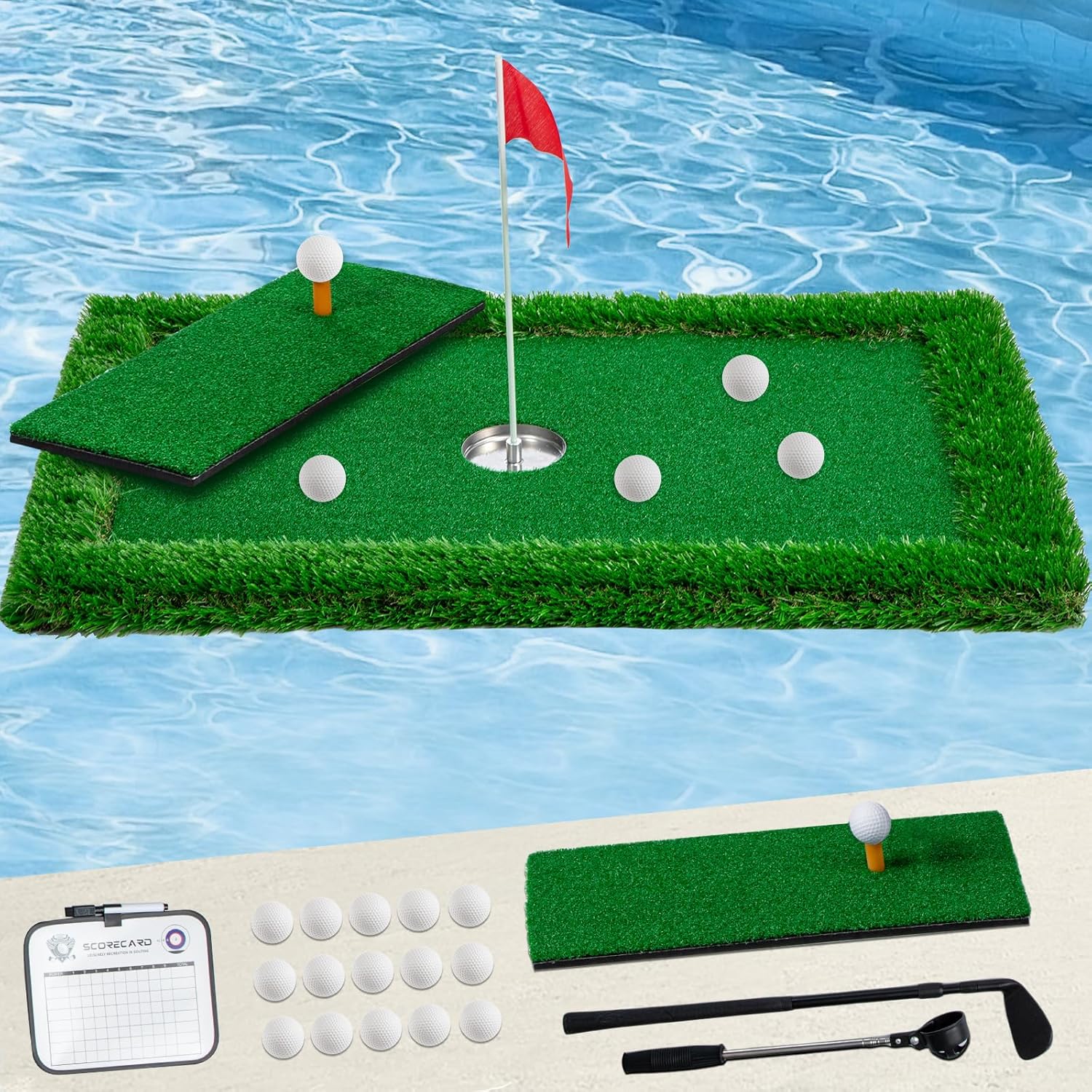 Floating Golf Green for Pool & Lake, Chipping Green Mat with Ball Retriever, Chipping Club, Floating Golf Balls & Scorecard, Outdoor & Indoor Game, Golfers Gift 23.6''×35.4'' Classic