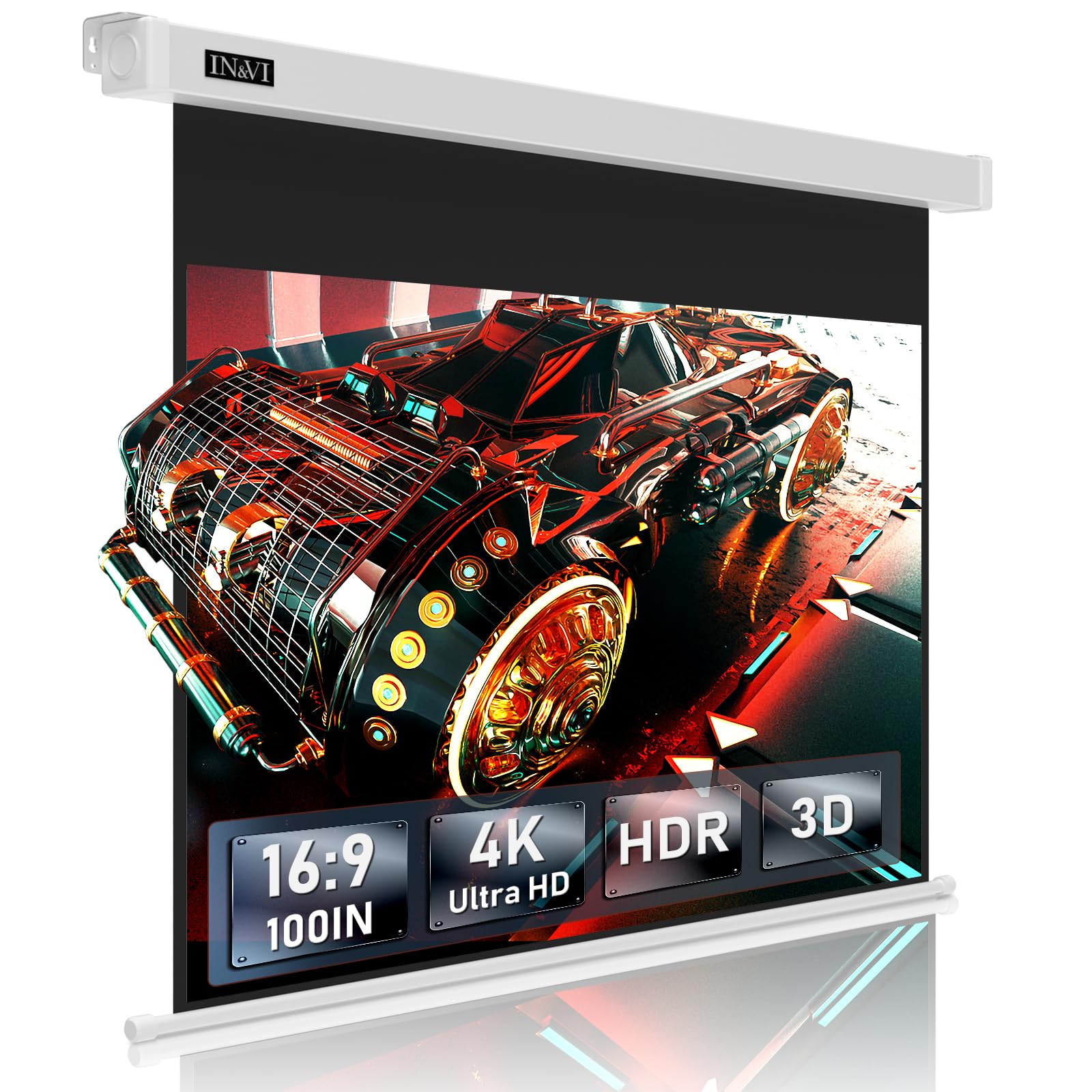 IN&VI Beamer Leinwand Elektrisch Mit Fernbedienung,Projektor Leinwand 4K HD 100 Zoll Format 16:9 Projektionsleinwand für Heimkino und Präsentation,Zur Decken-/ Wand-Montage