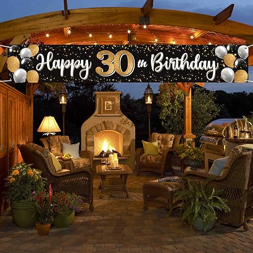 Vista 106 de Cartel de feliz cumpleaños 25 negro y dorado para patio, cartel de felicitación a 25 años de edad, telón de fondo fotoprop para el hogar, decoración