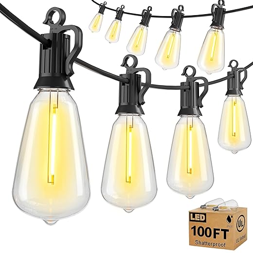 Brightown Outdoor String Lights Patio Lights, 100FT ST38 Shatterproof Dimmable Waterproof Connectable LED Christmas Lights, Hanging Outside Light for Backyard, Porch, Deck, Balcony, Garden, Home Decor
