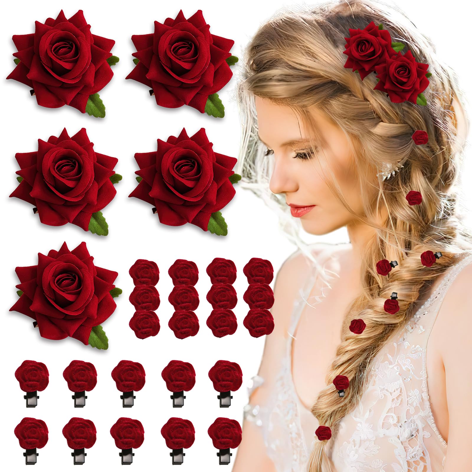 BASEMMAHER 19Pcs Red Rose Brooch Hair Clips for Women Girls Mini Floral Hair Barrettes Flower Pins Headpiece Vintage Hairpin Hair Accessories for