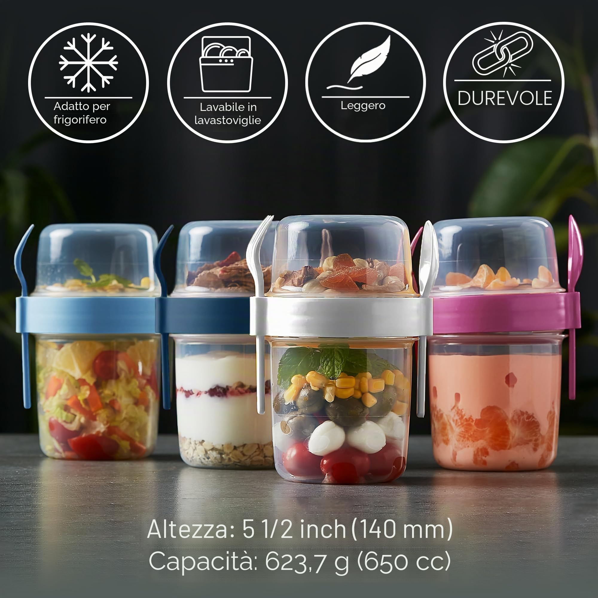 CRYSTALIA Take and Go - Set di 4 vasetti per yogurt senza BPA, con cucchiaio e forchetta, avena notturna, lavabili in lavastoviglie, per muesli da asporto, per macedonia di frutta, con coperchio