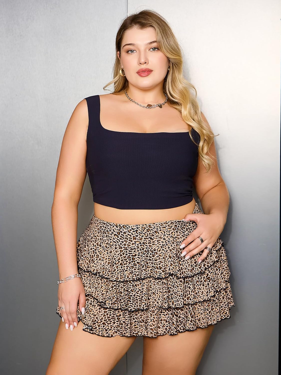 MakeMeChic Women's Plus Size Cheetah Print Mini Skirt Ruffle Tiered A Line Y2K Party Skirts - Image 6