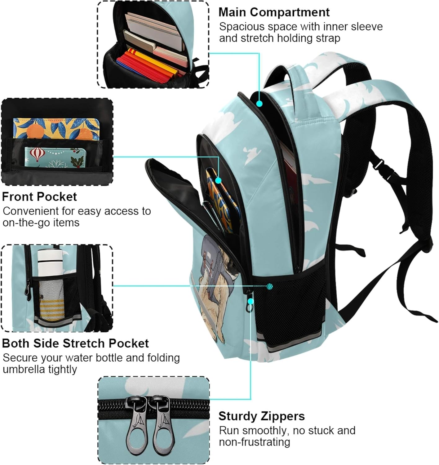 ALAZA Cute Cartoon Pug Dog Print Blue Backpack Purse for Women Men Personalized Laptop Notebook Tablet School Bag Stylish Casual Daypack, 13 14 15.6 inch - Image 5