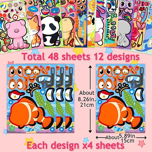 Miniatura 3 de BLIJOLA 48 hojas para hacer tus propias calcomanías para niños pequeños, hojas de calcomanías de cara de animal, bricolaje para festivales de