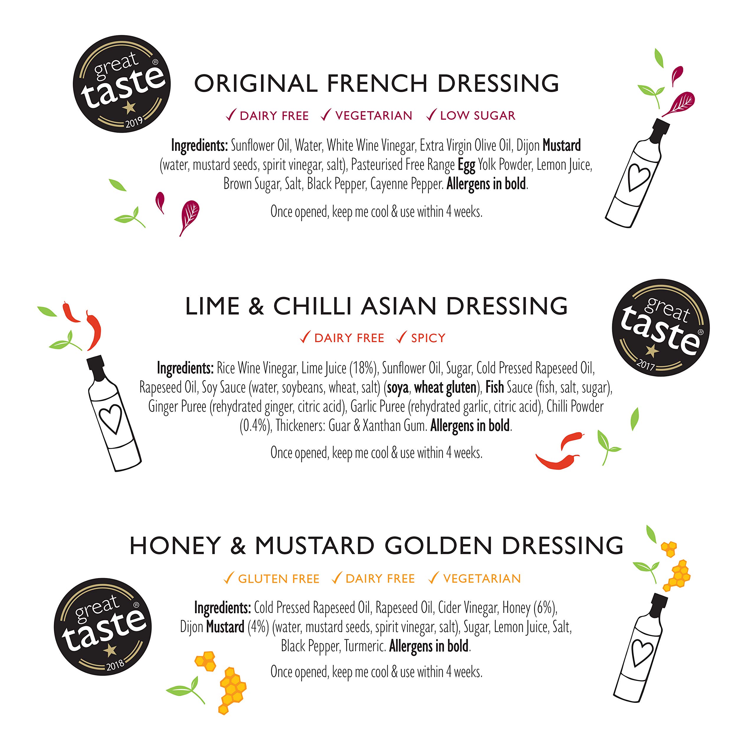 Lucy's Dressings - Great Taste Bundle; Original French Dressing, Lime & Chili Asian Dressing und Honey & Senf Golden Dressing - 3 x 250ml