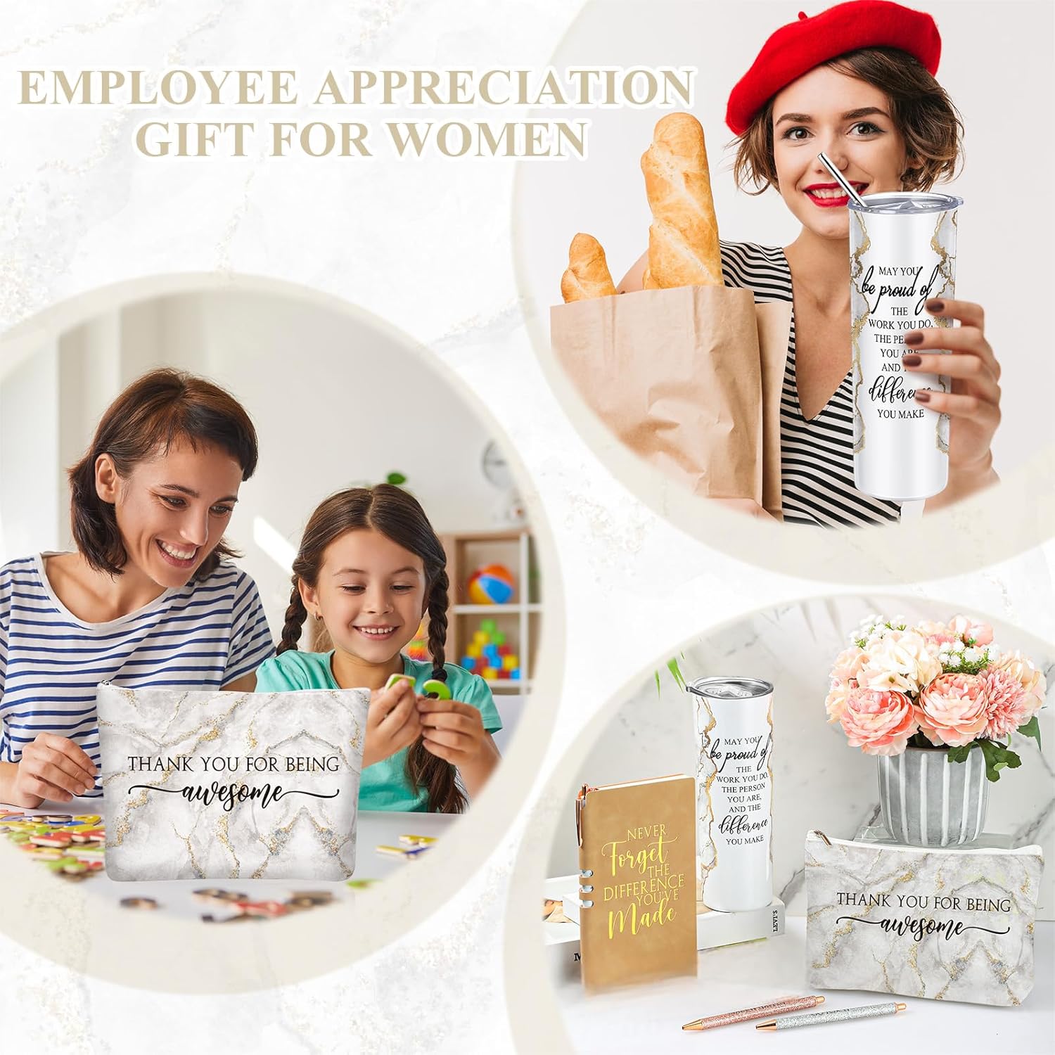 Domensi 6 Pcs Employee Appreciation Gift for Women Teacher Cna Week Thank You Gift May You Be Proud 20 oz Rustic Marble Sign Tumbler Makeup Bag Journal for Graduation Work Business(White)