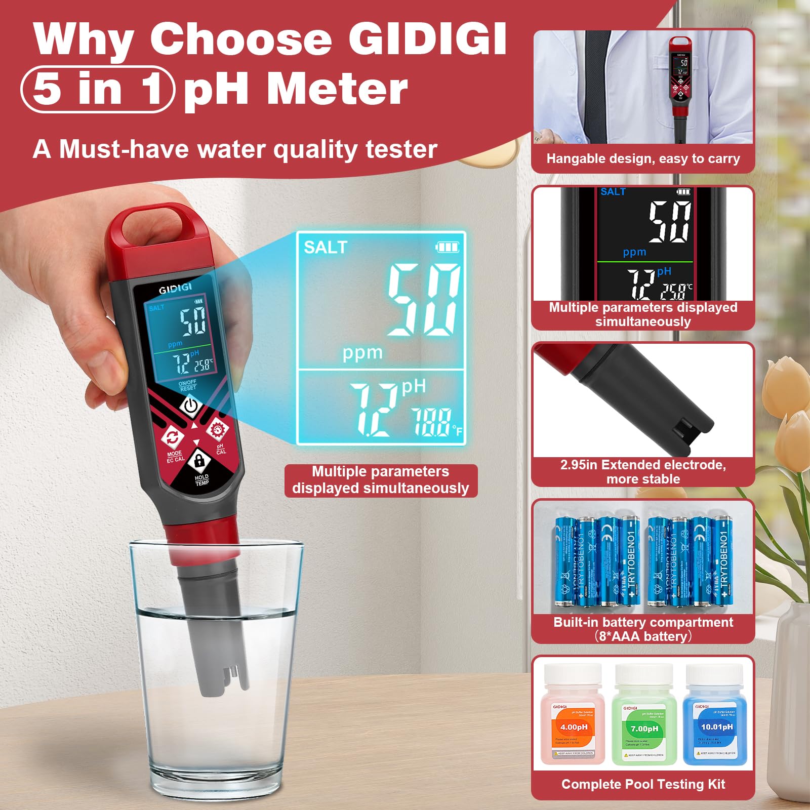 Tudoupeng Pool Salt Tester & PH Meter Digital 5 In 1 Salinity PH EC Temp TDS Meter - View #5