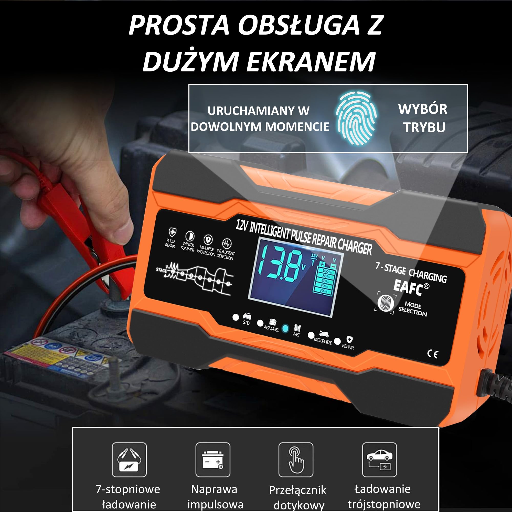 Ładowarka samochodowa 12A 12V automatyczna inteligentna z kompensacją temperatury do akumulatorów ołowiowo-kwasowych