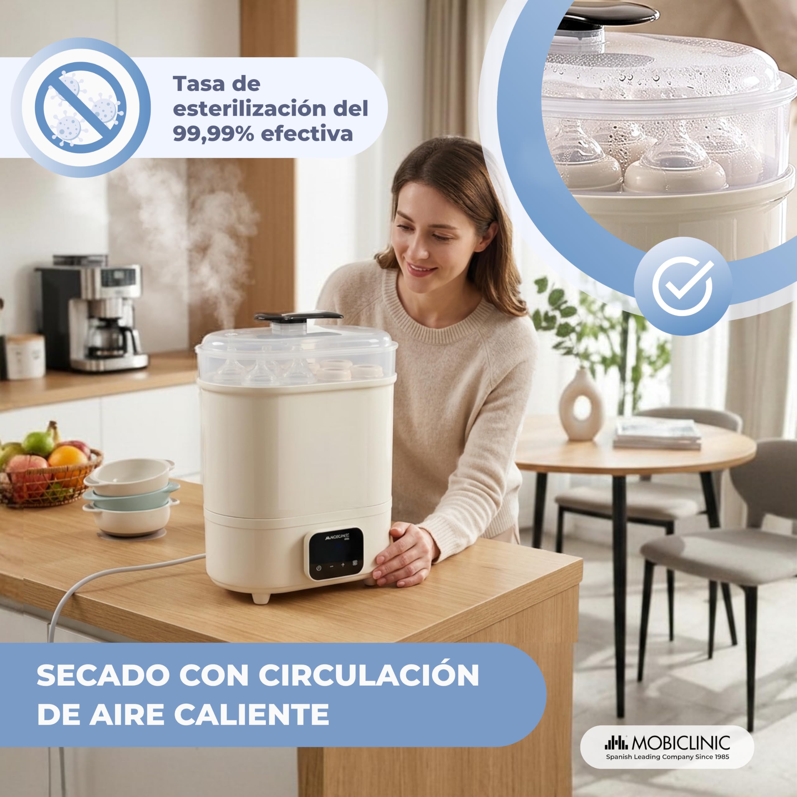 Mobiclinic®, Esterilizador de Biberones, 4 en 1, Hasta 6 Biberones, Seca, Mantiene la Temperatura, Modo Automático, Chupetes y Sacaleches, Pantalla LCD, Compacto, Mobibi