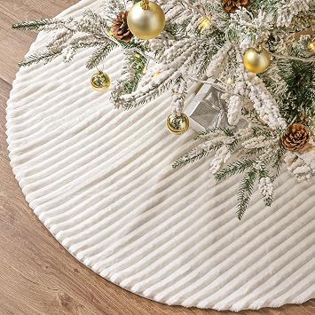 Faux Fur Christmas Tree Skirt 36 Inch White Plush Faux Fur Christmas Tree Skirt with Stripe Textured Pattern, Soft Christmas Tree Decorations for Merry Christmas Home Decor Xmas Party Gifts