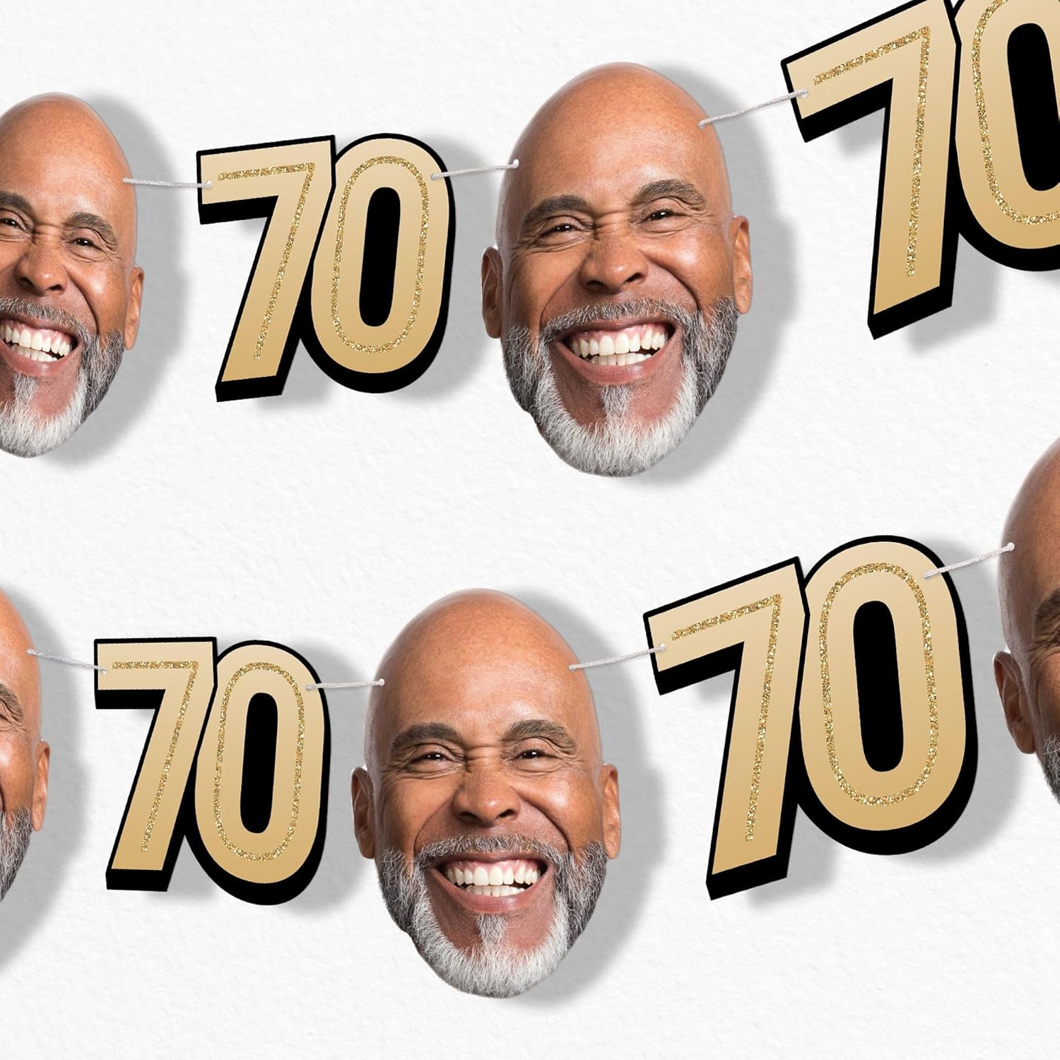 Big Dot of Happiness Custom 70th Birthday Face Cut Out Garland Banner, Personalized Adult Black & Gold Birthday Party Decor, 30 Feet of Cord, 5 Photo Face Cutouts, 5 Age 70 Shapes