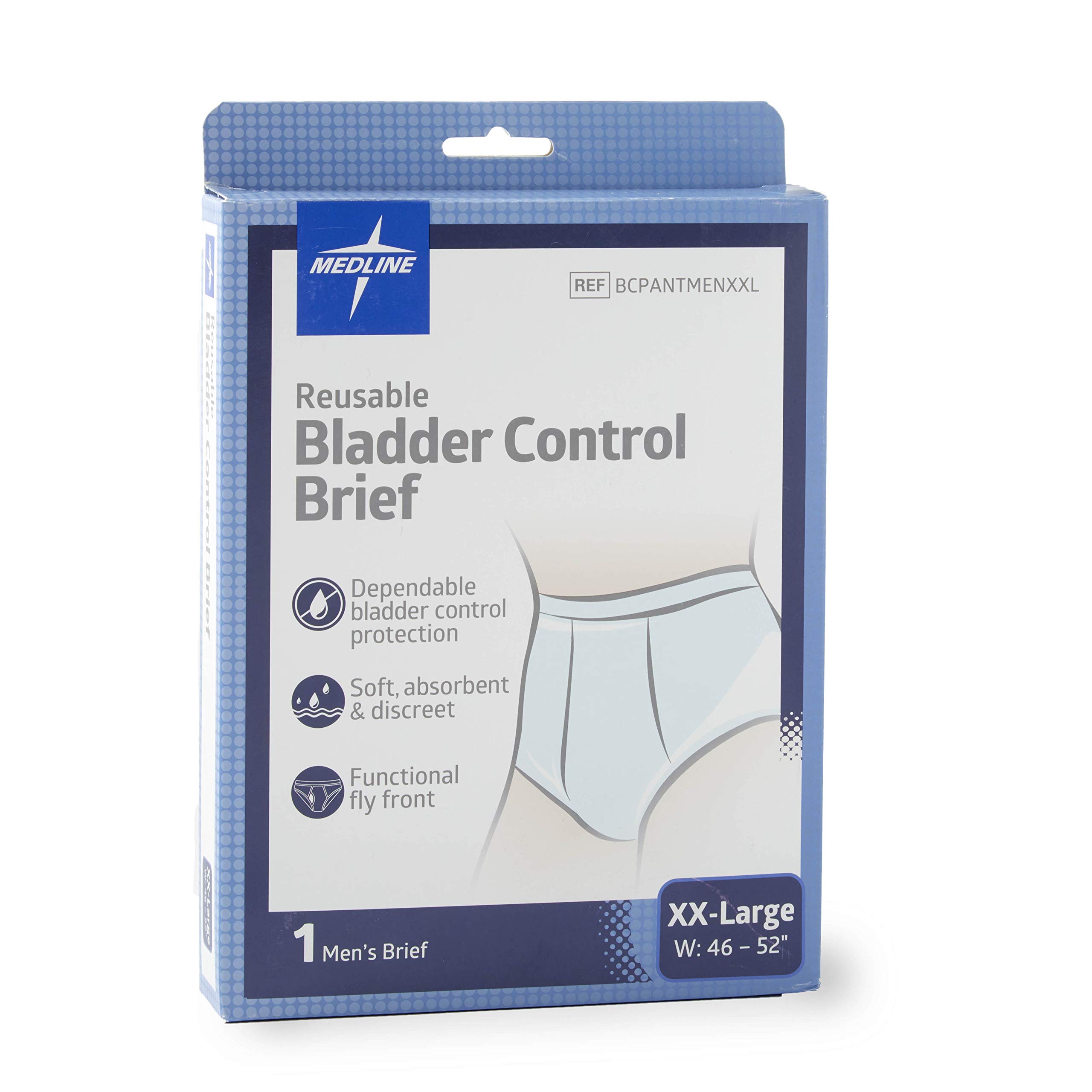 Medline Reusable Bladder Control Brief, for Minor Bladder Leakage, Dependable Protection, Soft, Absorbent, Discreet, Functional Fly Front, XX-Large (46-52 in), 1 Pair