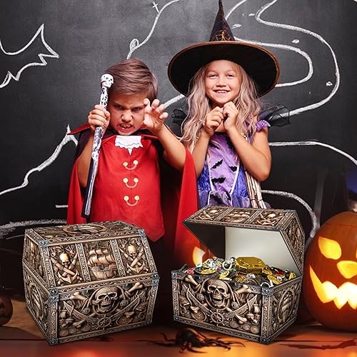 Miniatura 5 de PETCEE Cofre del tesoro pirata y caja de calaveras  Gran 9 x 9.3 x 8 pulgadas, almacenamiento de cartón para el aula para premios de niños, cofre
