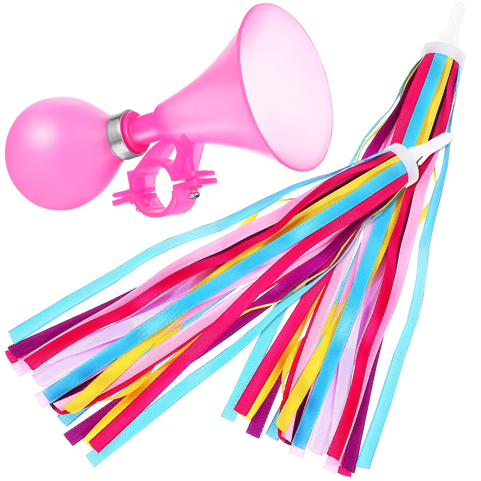 BESPORTBLE Kids Bike Horn with Rainbow Streamers, Children's Bicycle Bell and Handlebar Tassels, Fun and Safe Bike Accessories for Girls or Boys, 5.90 X 2.75 X 2.75 Inches, Pink