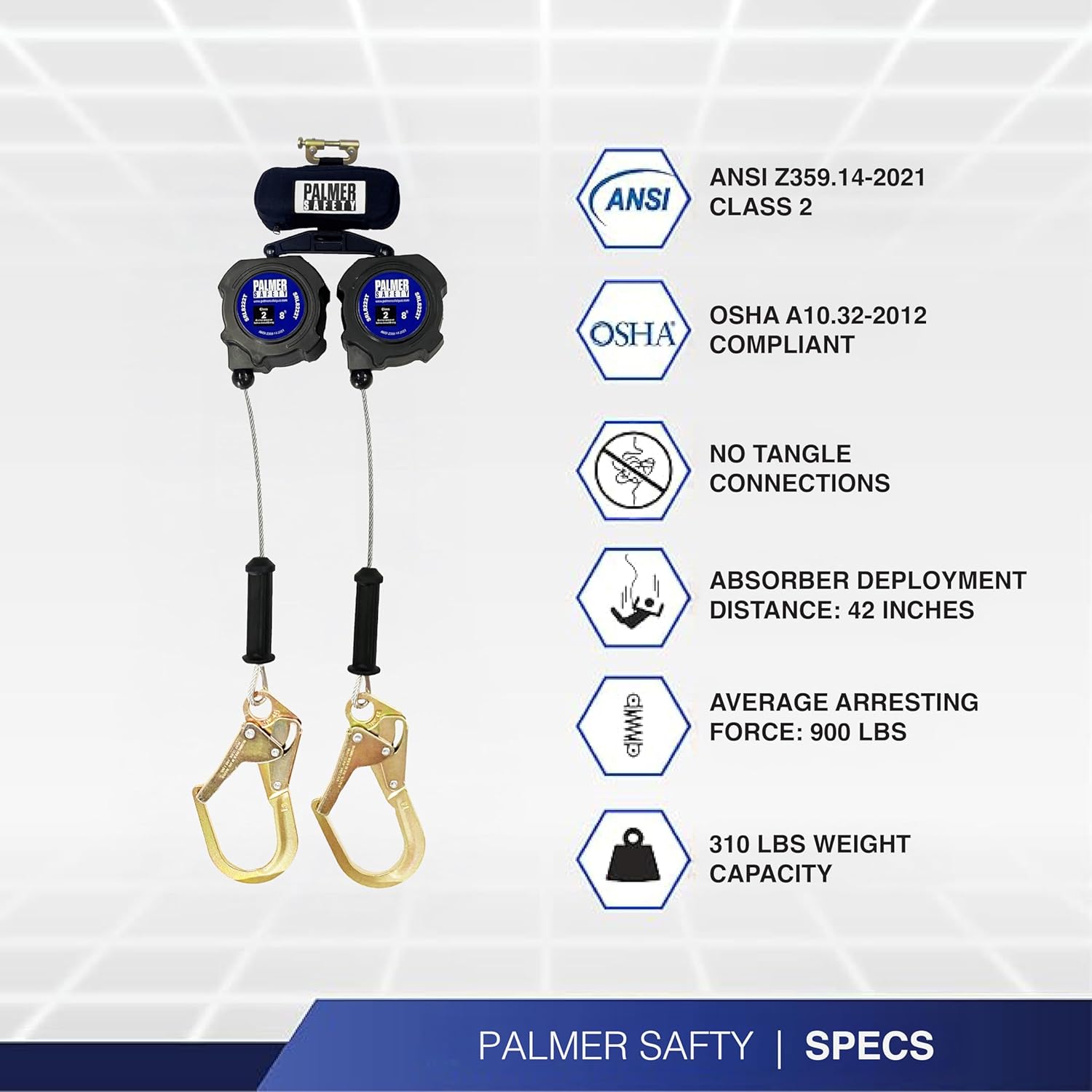 Palmer Safety Fall Protection SRL8222T Twin SRL 8' Leading Edge Lightweight with Rebar Hooks